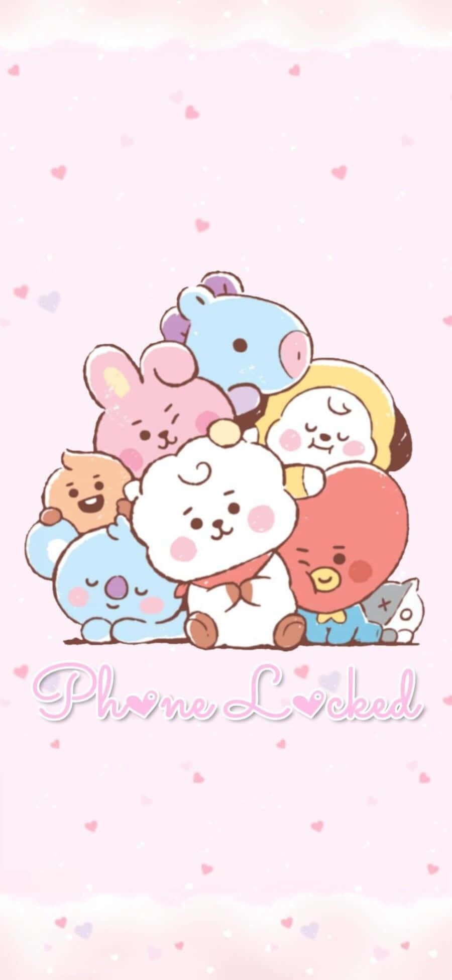 Kpop Kawaii 桌布 壁紙 — 一堆可愛的BT21角色在柔和的粉紅色背景上擁抱在一起，帶有漂浮的心形和「Phone Locked」文字。