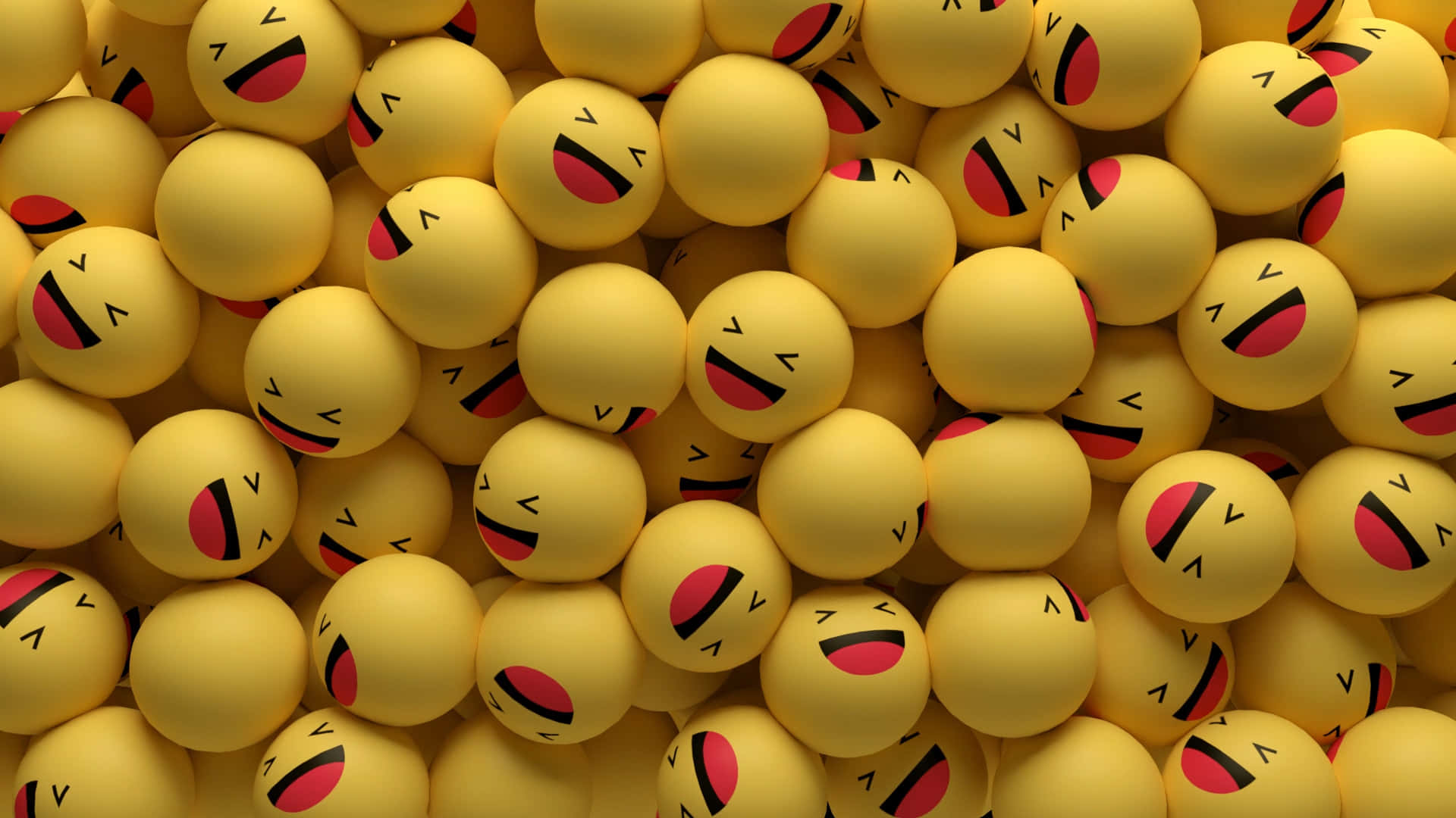 Laughing 桌布 壁紙 — 一堆密集的亮黃色球體，每個都有簡單的笑臉，紅色的嘴巴和黑色的眼睛。