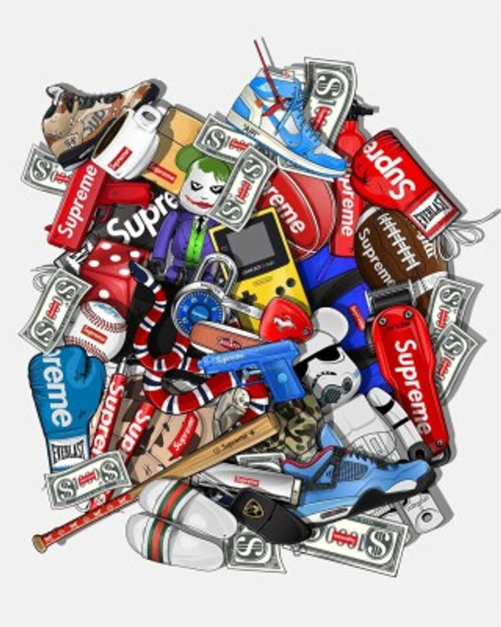 supreme 桌布 壁紙 — 一堆混亂的 Supreme 品牌運動鞋、美元鈔票和流行文化圖標，色彩大膽。