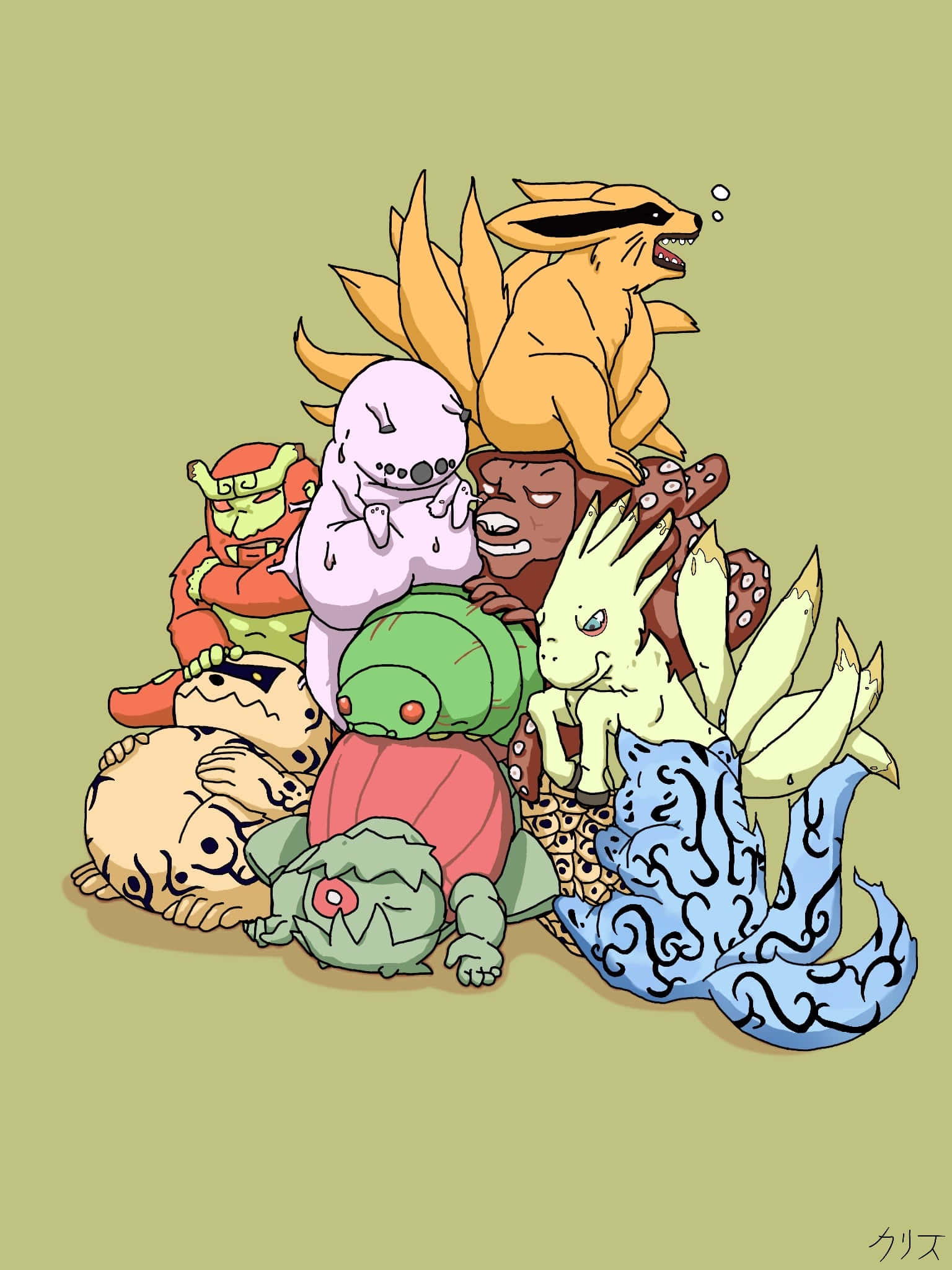 Tailed Beasts 桌布 壁紙 — 一堆色彩繽紛的動漫風格寵物小精靈角色堆疊在純橄欖色背景上。