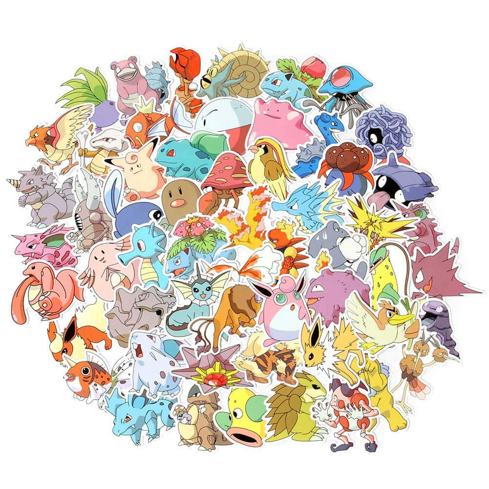 Pokemon Stickers 桌布 壁紙 — 一堆色彩繽紛的寵物小精靈貼紙在純白背景上鬆散地排列成圓形。