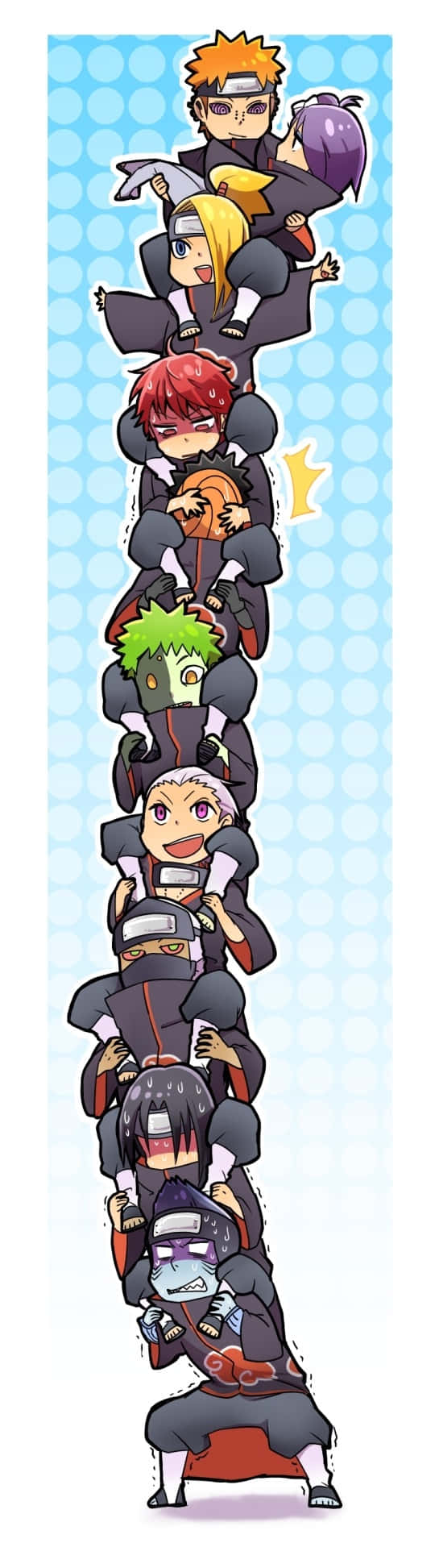 Akatsuki Chibi 桌布 壁紙 — 一堆高高的Q版動漫忍者角色，背景是淺藍色圓點圖案。