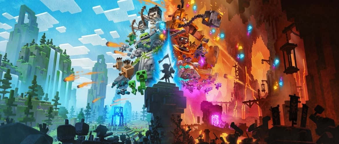 Minecraft Art 桌布 壁紙 — 一場Minecraft風格的戰鬥在像素英雄與怪物之間爆發，跨越了茂密森林與烈焰廢墟的分裂景觀。