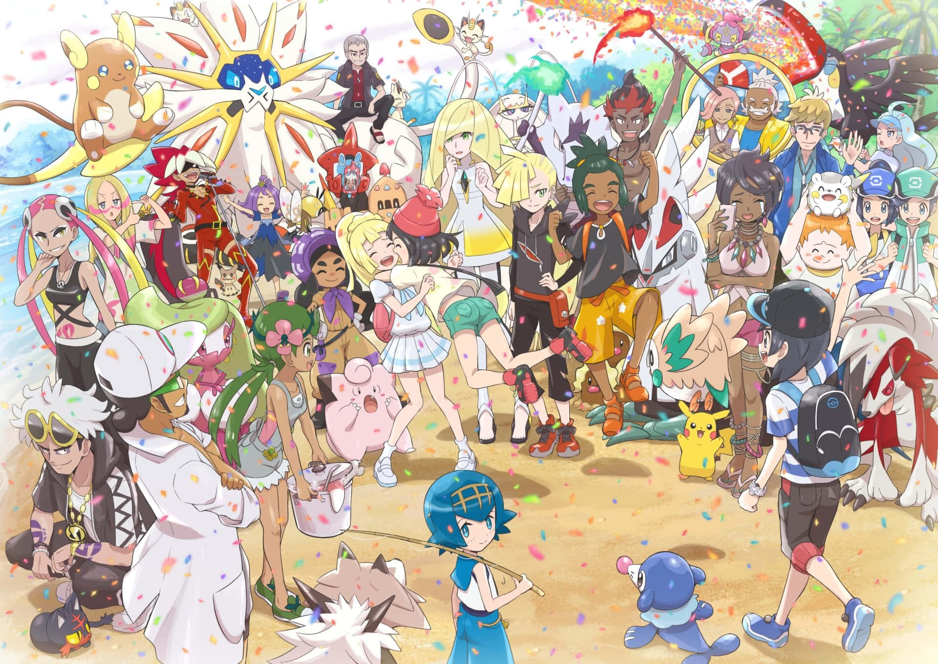 Pokemon Masters 桌布 壁紙 — 一場充滿活力的動漫慶祝活動，各種訓練家和寶可夢在滿是五彩紙屑的天空下歡樂聚集。