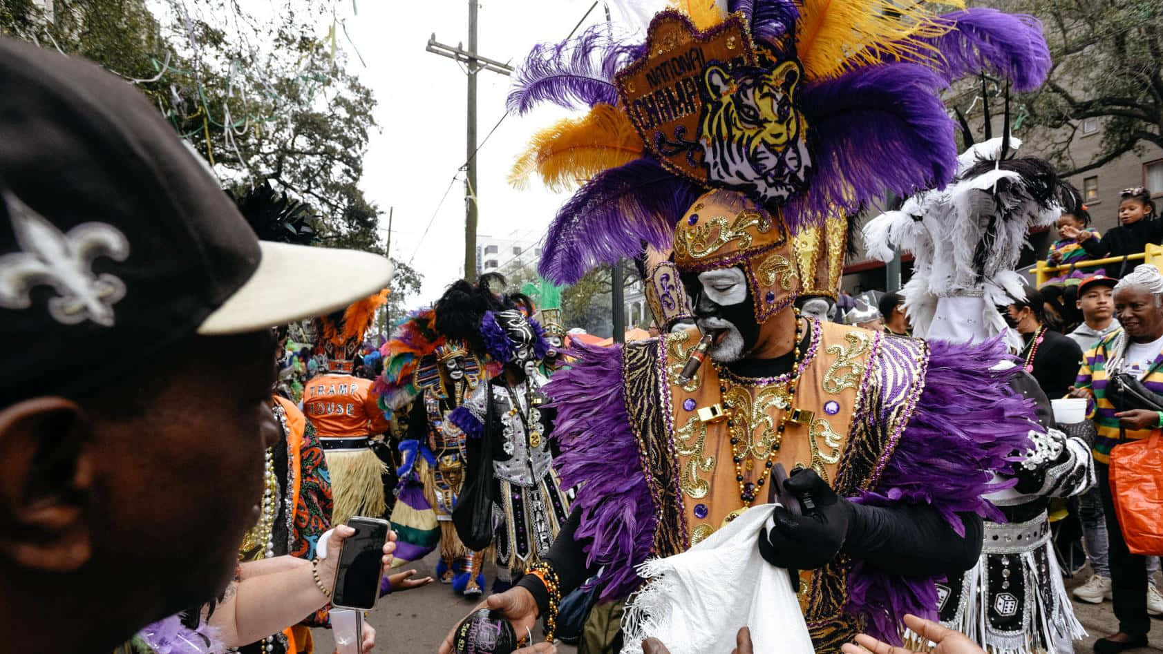 Mardi Gras 桌布 壁紙 — 一場充滿活力的狂歡節遊行，一位身穿紫金色服飾、頭戴羽毛頭飾的國王與人群互動。