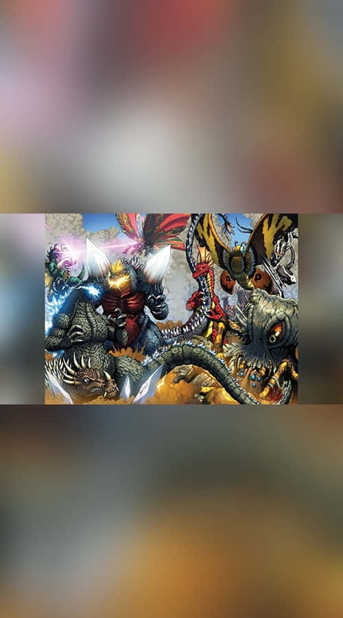 Godzilla Comic 桌布 壁紙 — 一場動態的動漫風格戰鬥場景，哥斯拉與多個怪獸在熾熱混亂的環境中激烈衝突。