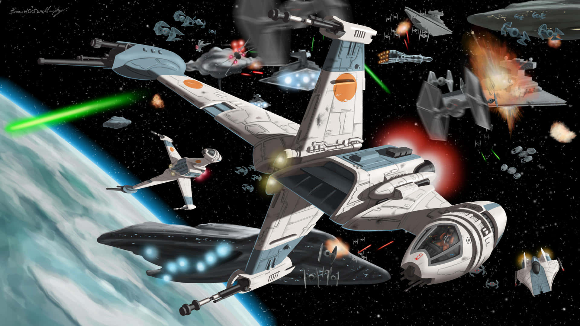 The Battle Of Endor 桌布 壁紙 — 一場動態的太空戰鬥展開，星際戰鬥機在藍色行星附近發射激光和爆炸。