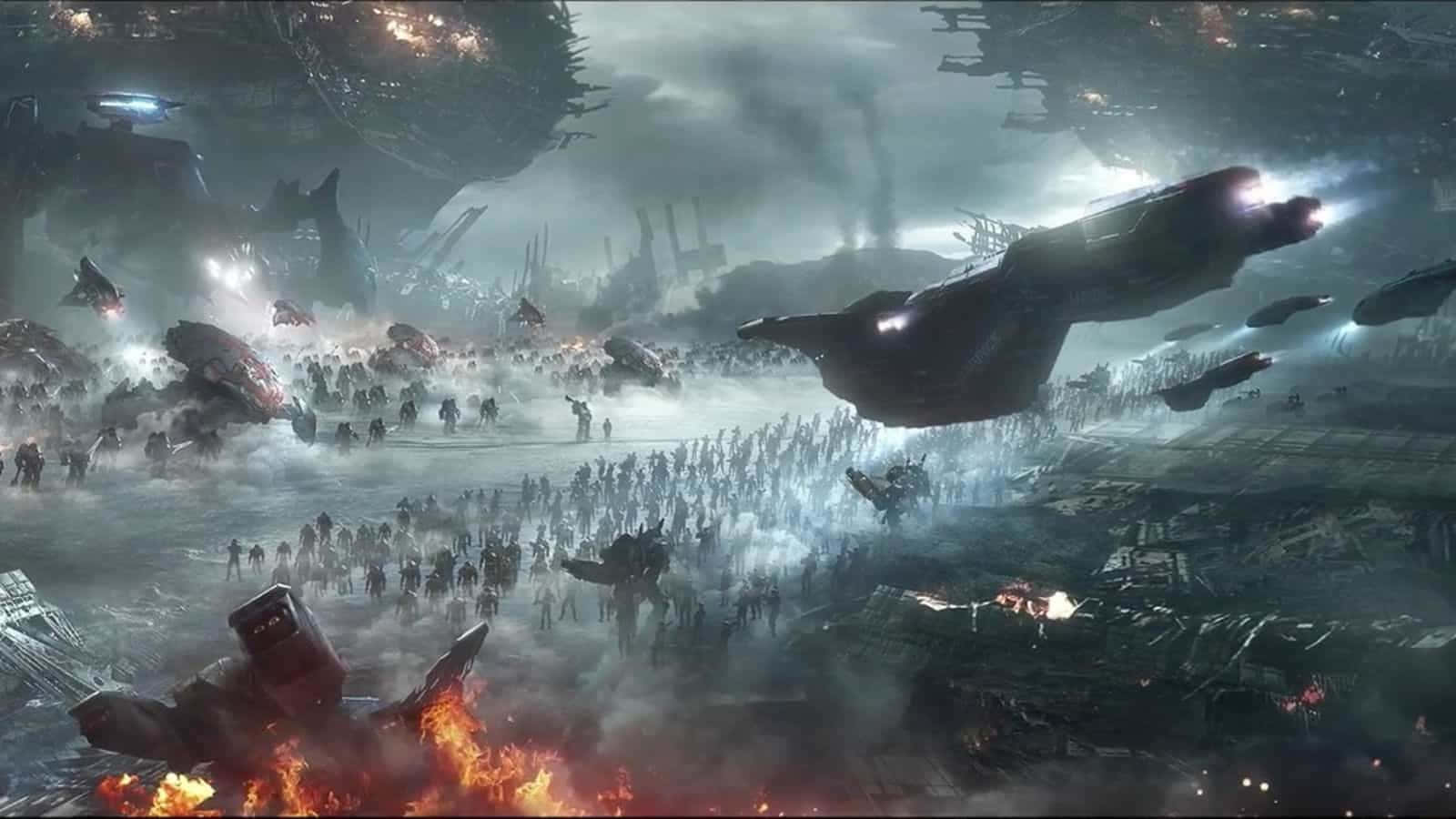 Halo Battle 桌布 壁紙 — 一場大規模科幻戰鬥正在激烈進行，巨型戰艦和軍隊在暴風雨的天空下，於廢墟城市景觀上空交戰。