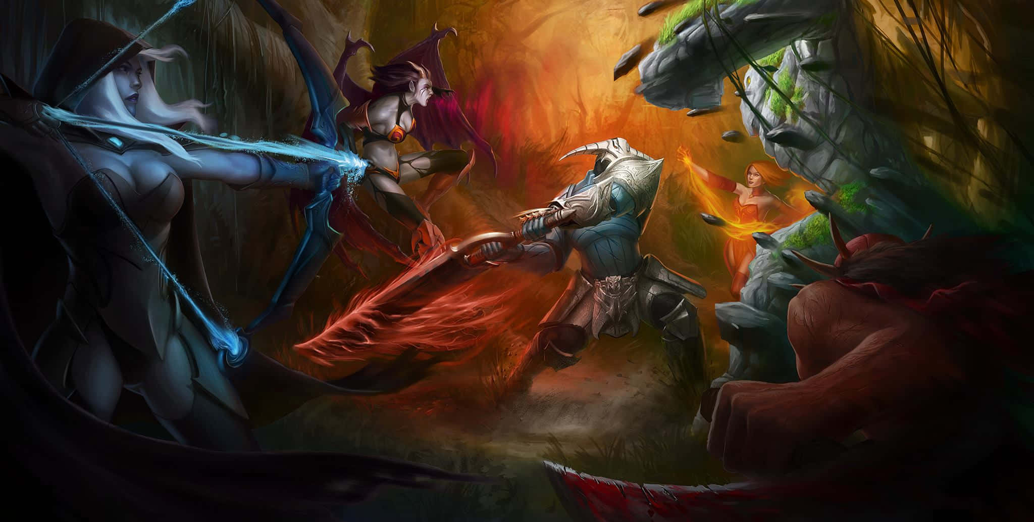 Dota 桌布 壁紙 — 一場奇幻戰鬥爆發，藍甲戰士與揮舞發光劍的紅翼惡魔激烈交鋒。