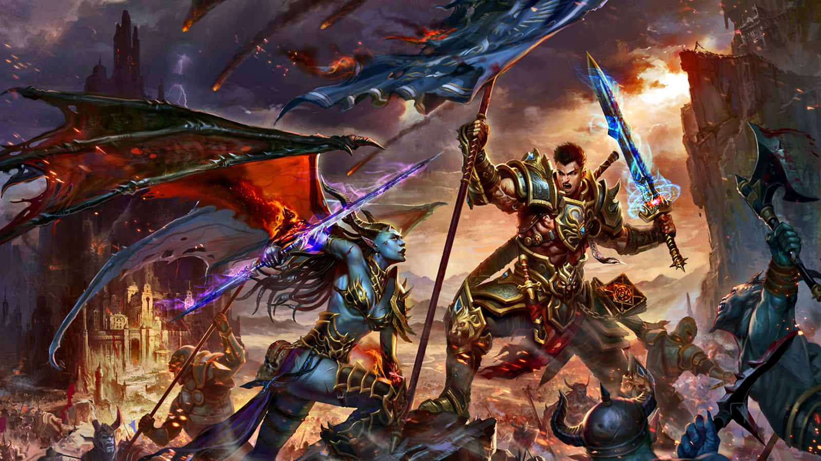 Demon Fighting 桌布 壁紙 — 一場奇幻戰鬥爆發，身穿盔甲的戰士與龍和發光武器在熾熱的日落天空下激烈交鋒。