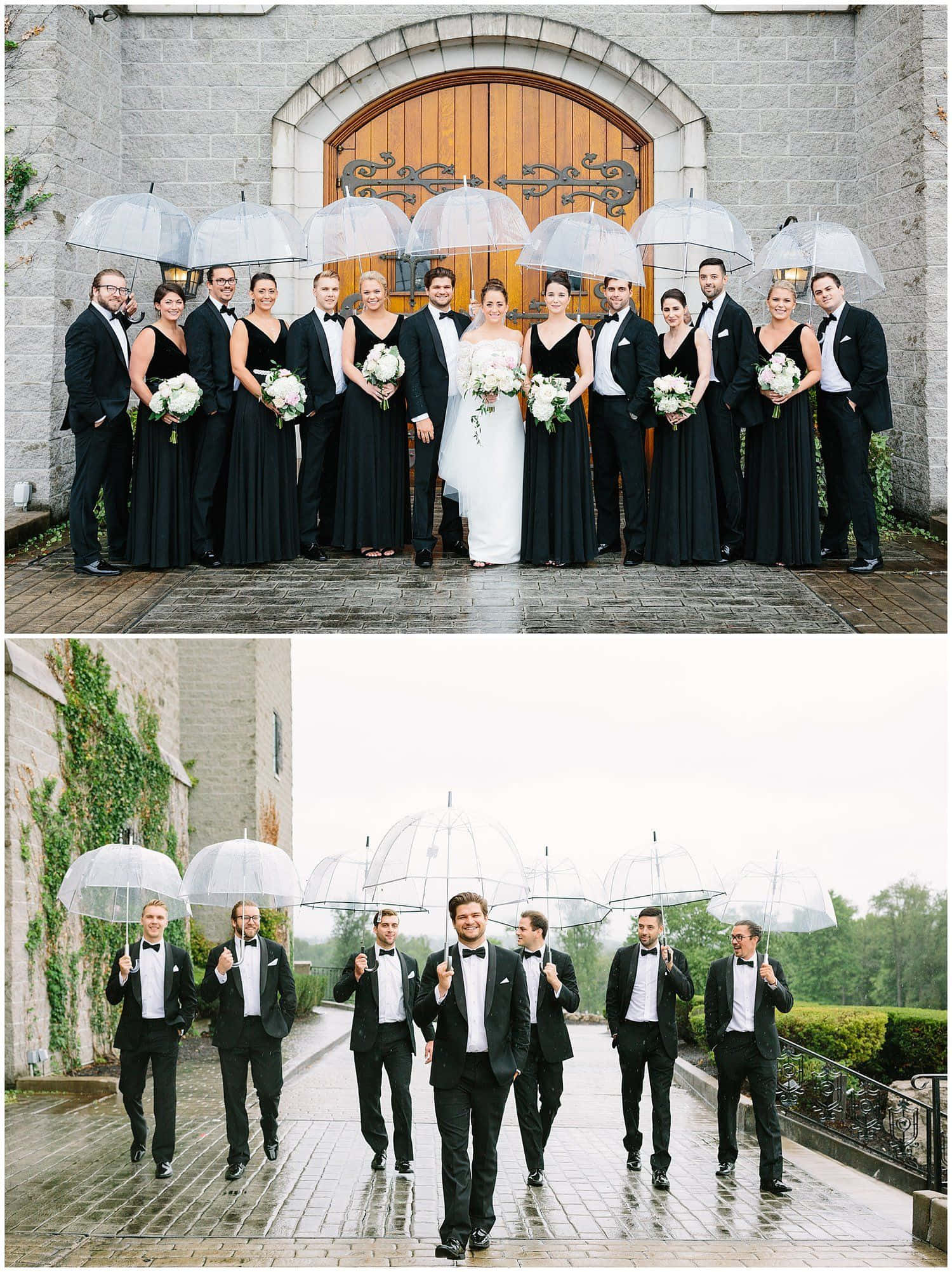 Black Tie Event 桌布 壁紙 — 一場婚禮派對穿著黑色禮服和長裙，在雨中石庭院中撐著透明雨傘站立和行走。