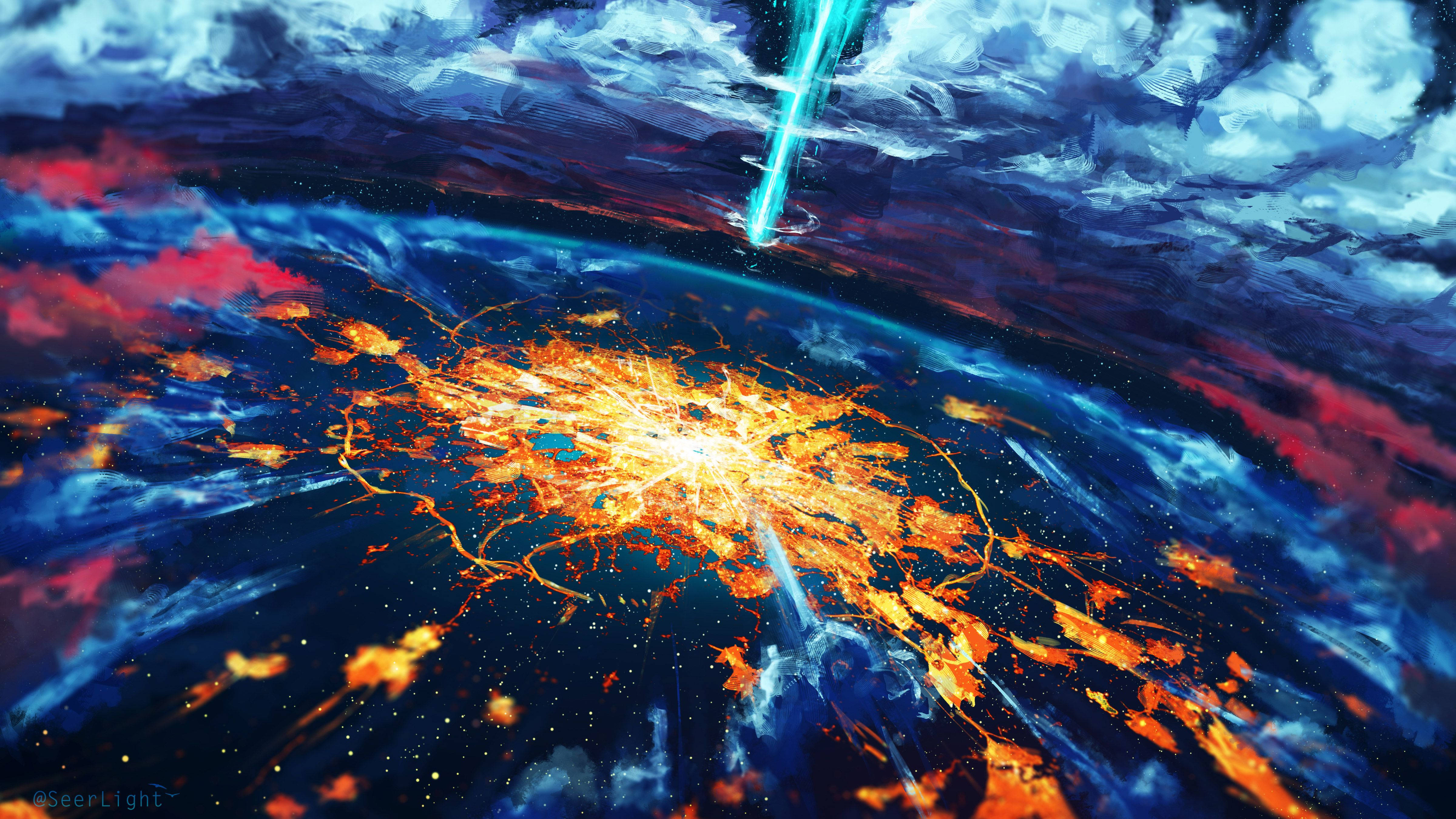 藝術 桌布 壁紙 — 一場宇宙爆炸在旋轉的藍色和紅色星雲中散發出熾熱的橙色能量，一道發光的光束穿透雲層。
