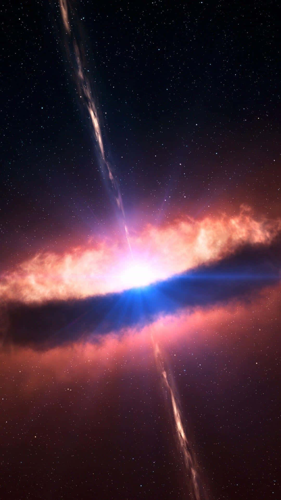 Quasar 桌布 壁紙 — 一場宇宙爆炸在星空中透過旋轉的星雲散發出燦爛的藍色和粉紅色光芒。