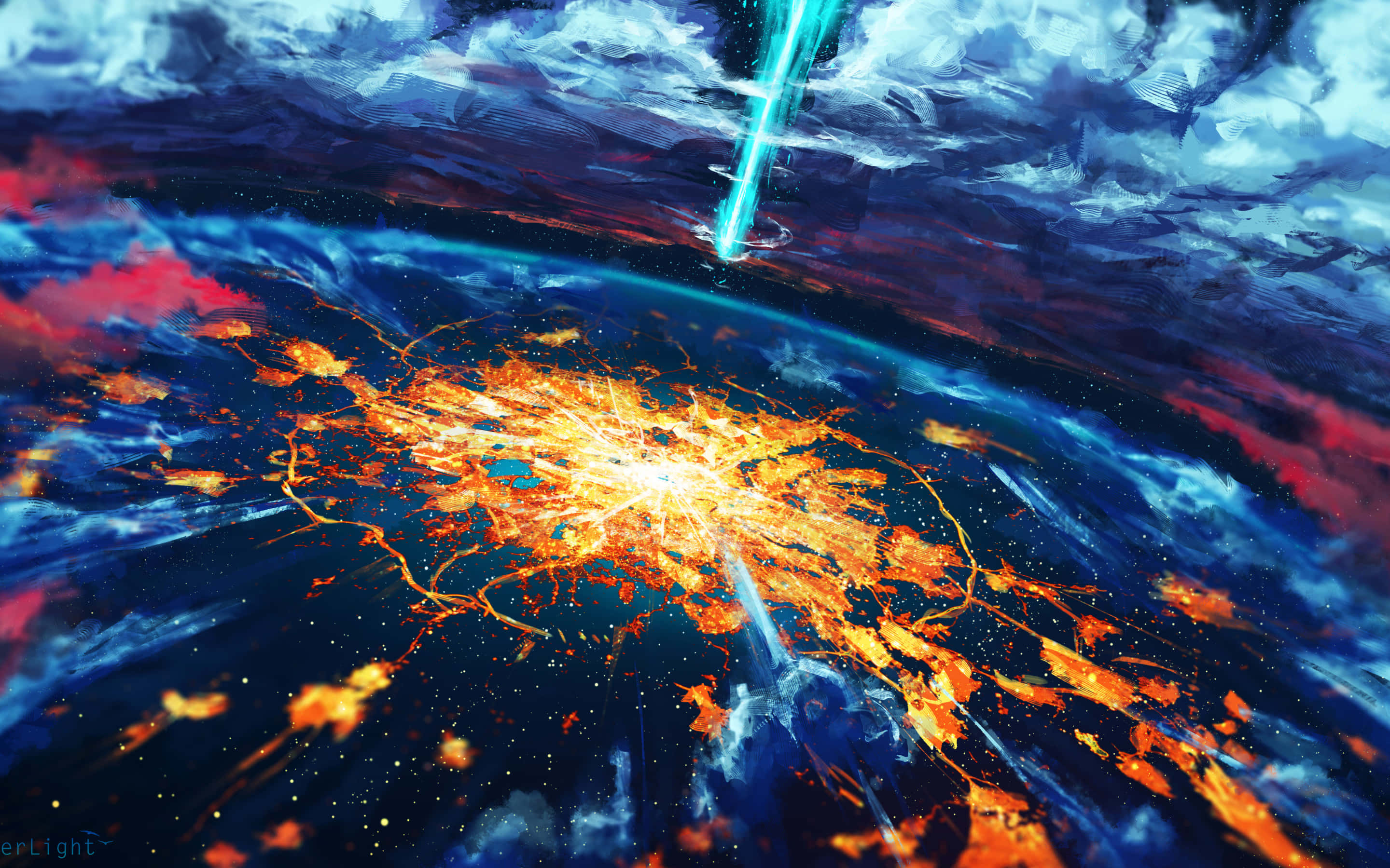 Cosmic Rays 桌布 壁紙 — 一場宇宙爆炸散發出熾熱的橙色能量，映襯著旋轉的藍色和紅色星雲，一道發光的光束穿透其中。