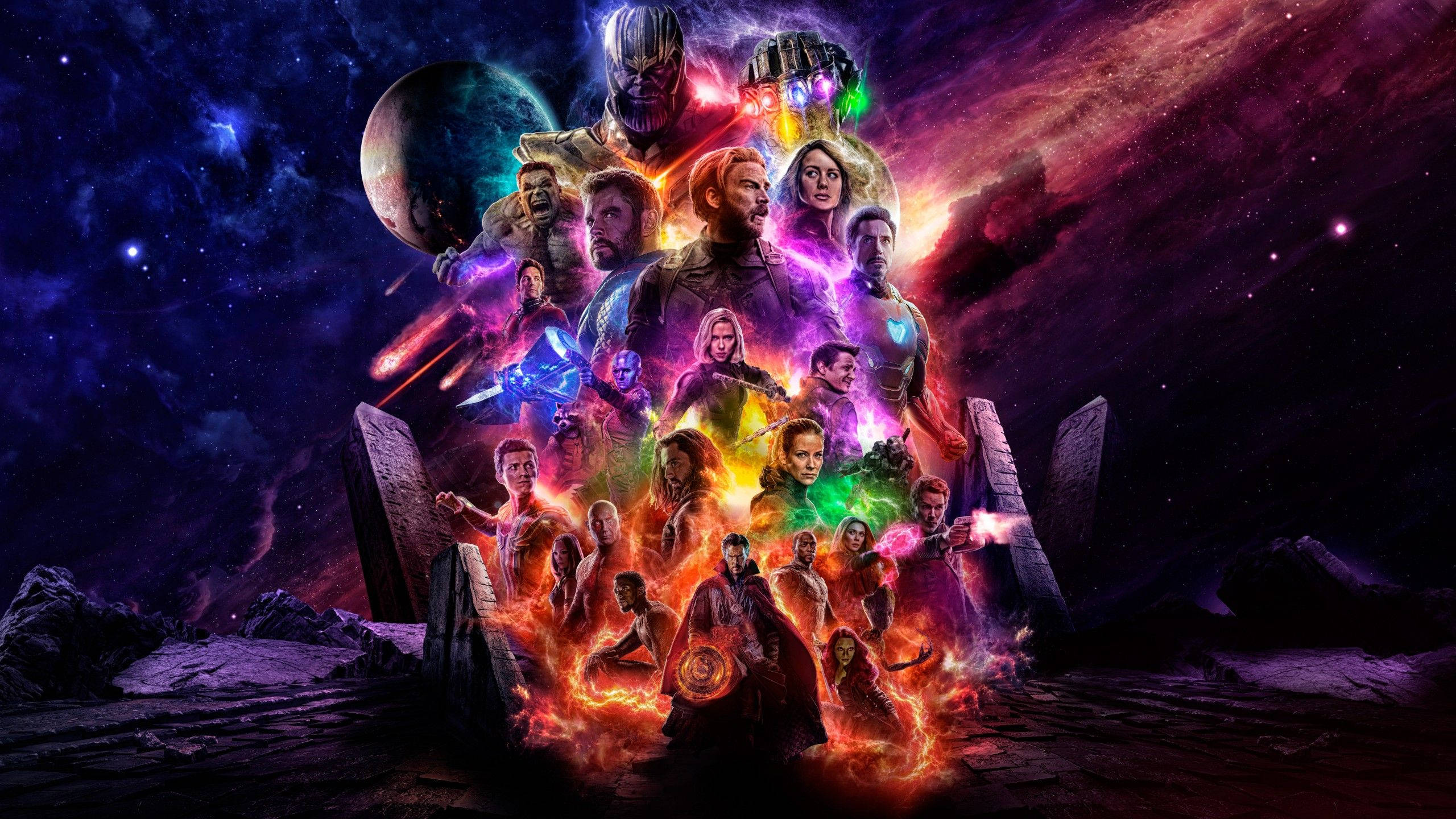 infinity 桌布 壁紙 — 一場宇宙級的漫威超級英雄與反派聚會，在星光燦爛的星雲背景下戲劇性地擺出姿勢，伴隨著熾熱的能量效果。