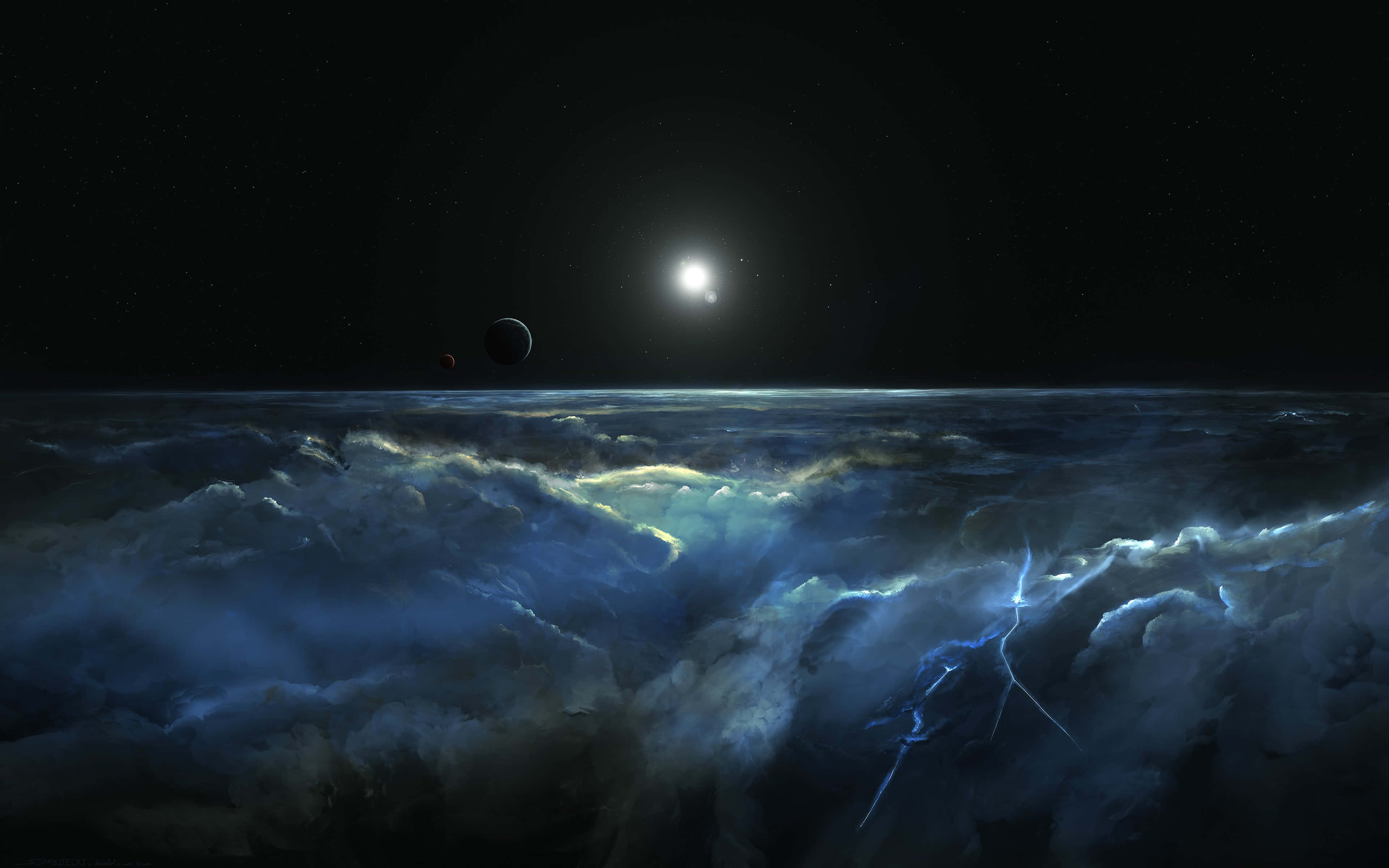 Ambience 桌布 壁紙 — 一場宇宙風暴在行星大氣層上肆虐，閃電照亮了在明亮恆星和遙遠衛星下旋轉的藍色雲層。