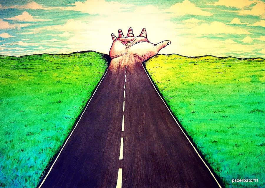 一隻巨手從一條穿過綠色田野的道路中伸出，天空多雲。