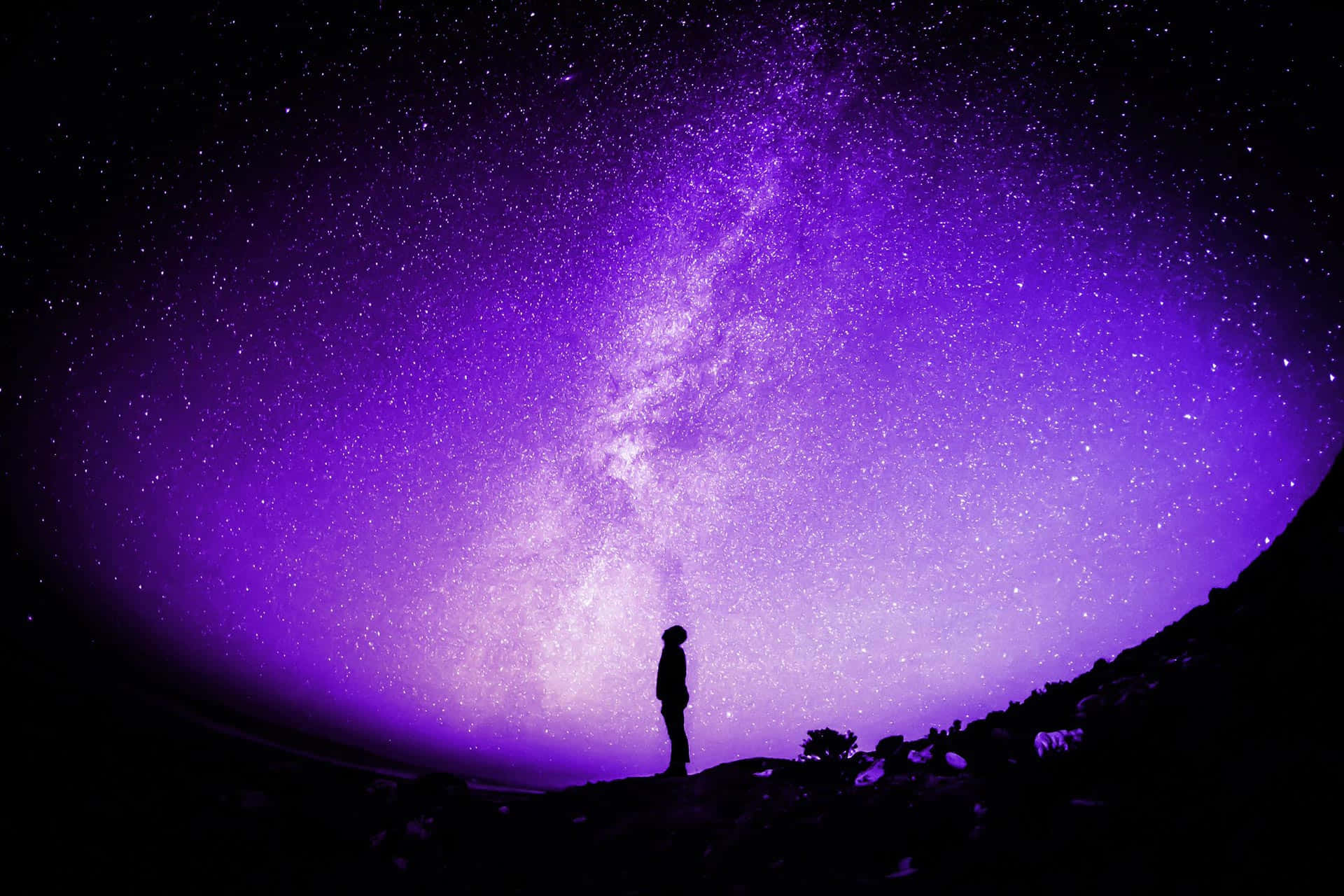 一場幽默的太空之旅 壁紙 — 一個孤獨的身影在橫跨繁星夜空、充滿活力的紫色銀河下敬畏地站立。