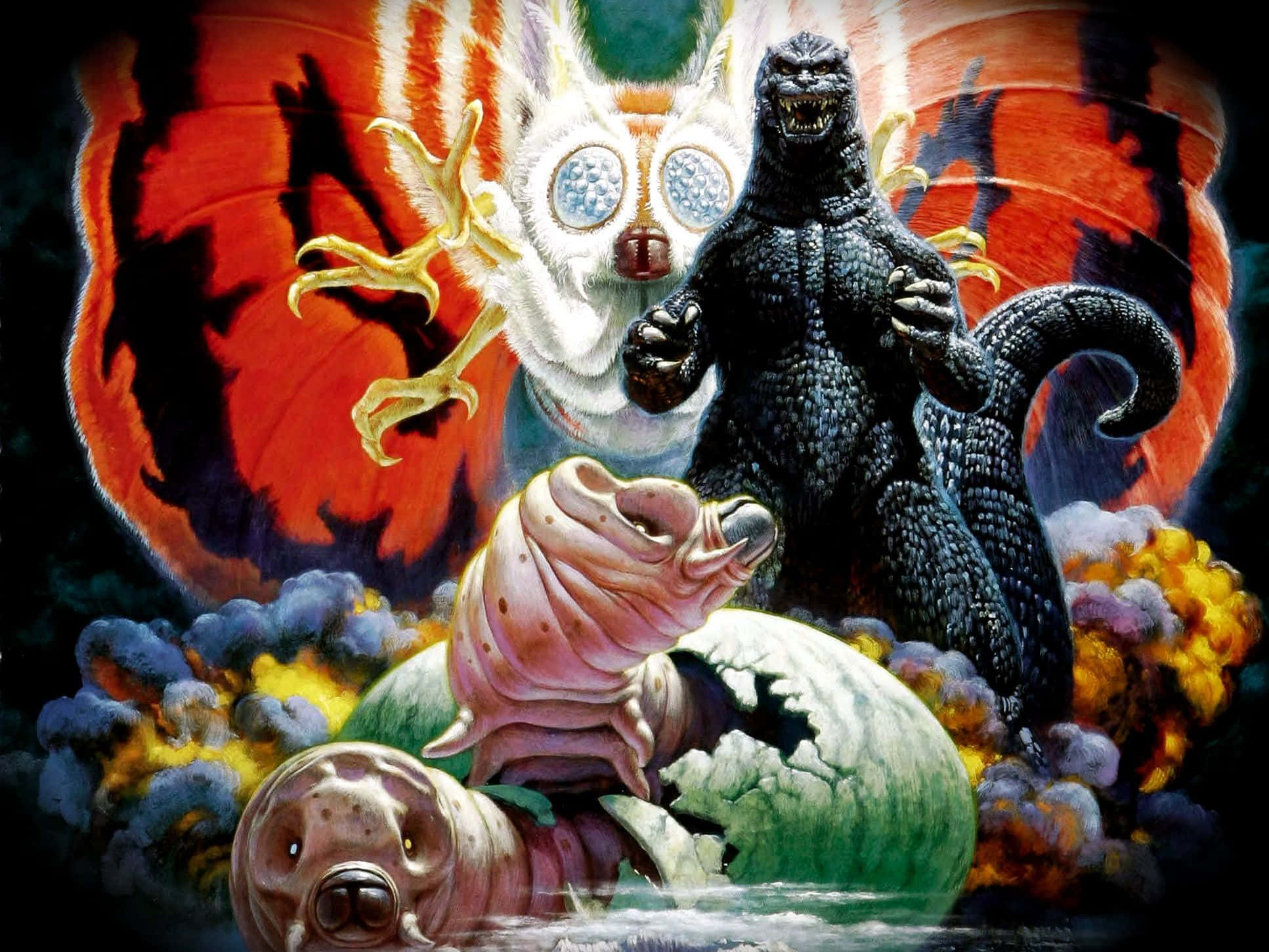 Classic Godzilla 桌布 壁紙 — 一場戲劇性的動漫風格戰鬥場景， featuring 哥斯拉、一隻巨大的白色貓狀怪物和一隻粉紅色的蠕蟲狀生物， amid 熾熱的爆炸。