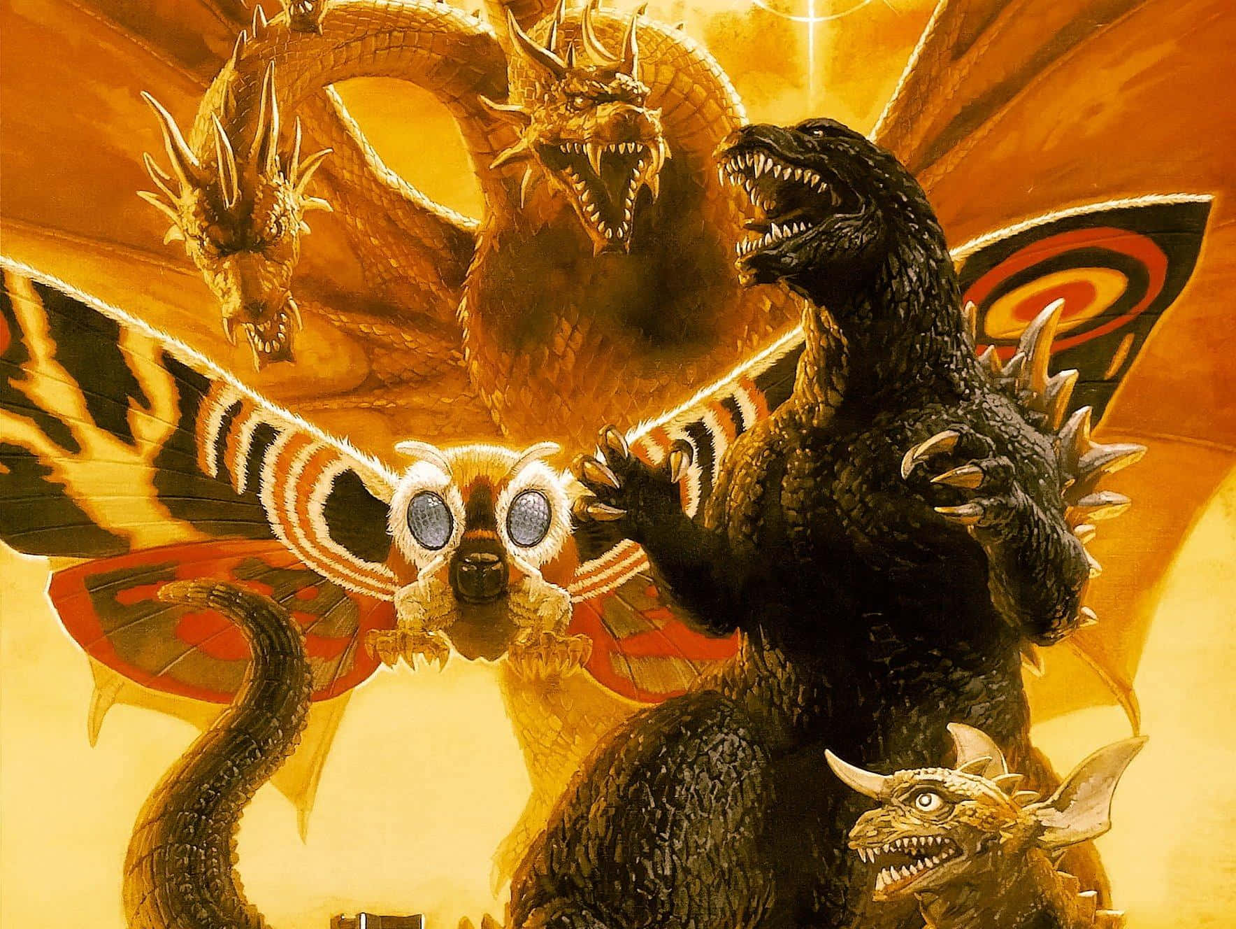 King Ghidorah 桌布 壁紙 — 一場戲劇性的動畫風格戰鬥場景，哥斯拉與三隻怪獸級卡美拉在火紅的金色天空下對峙。