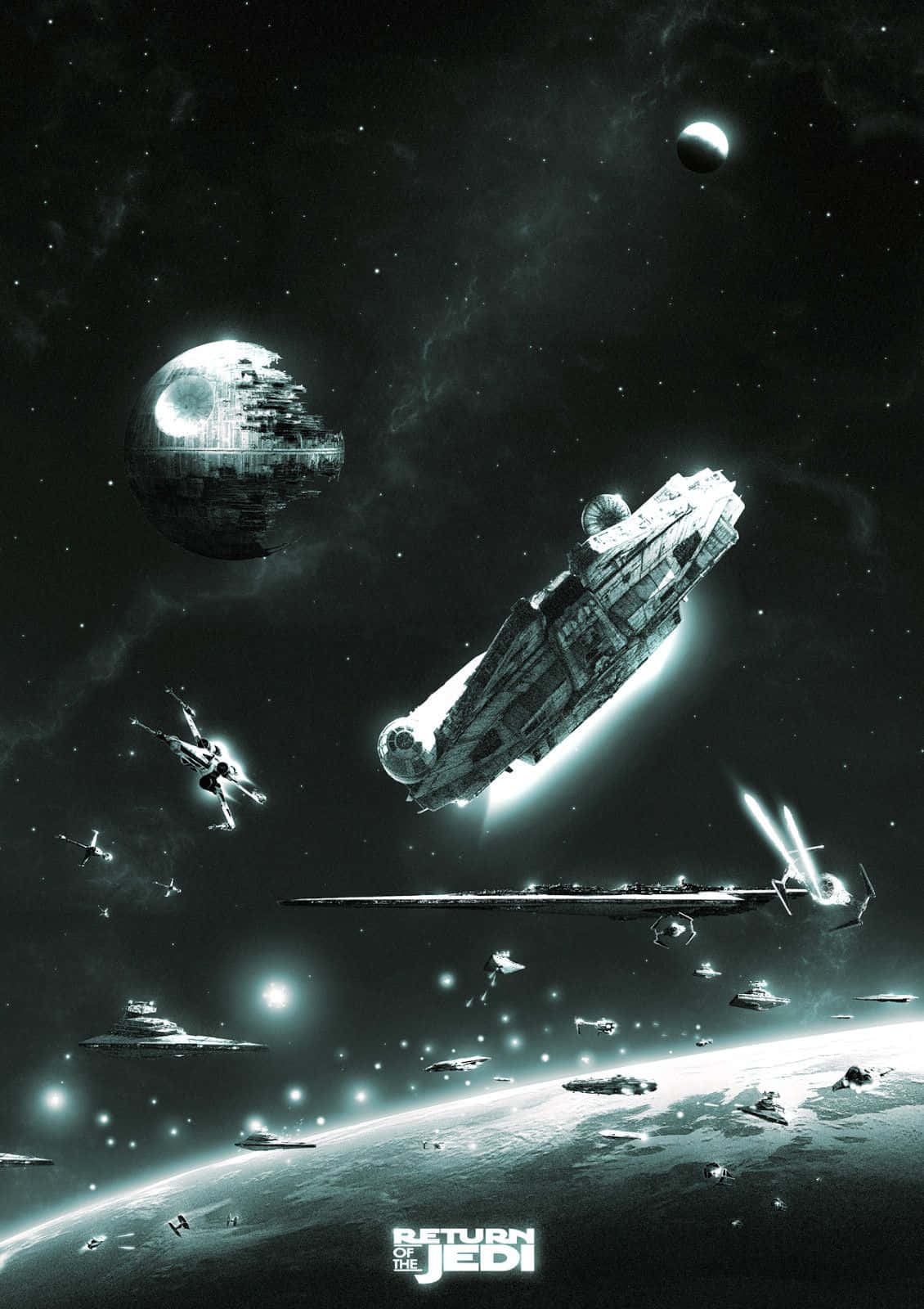 Return Of The Jedi 桌布 壁紙 — 一場戲劇性的太空戰展開，千年鷹號在死星籠罩的行星附近躲避激光射擊。