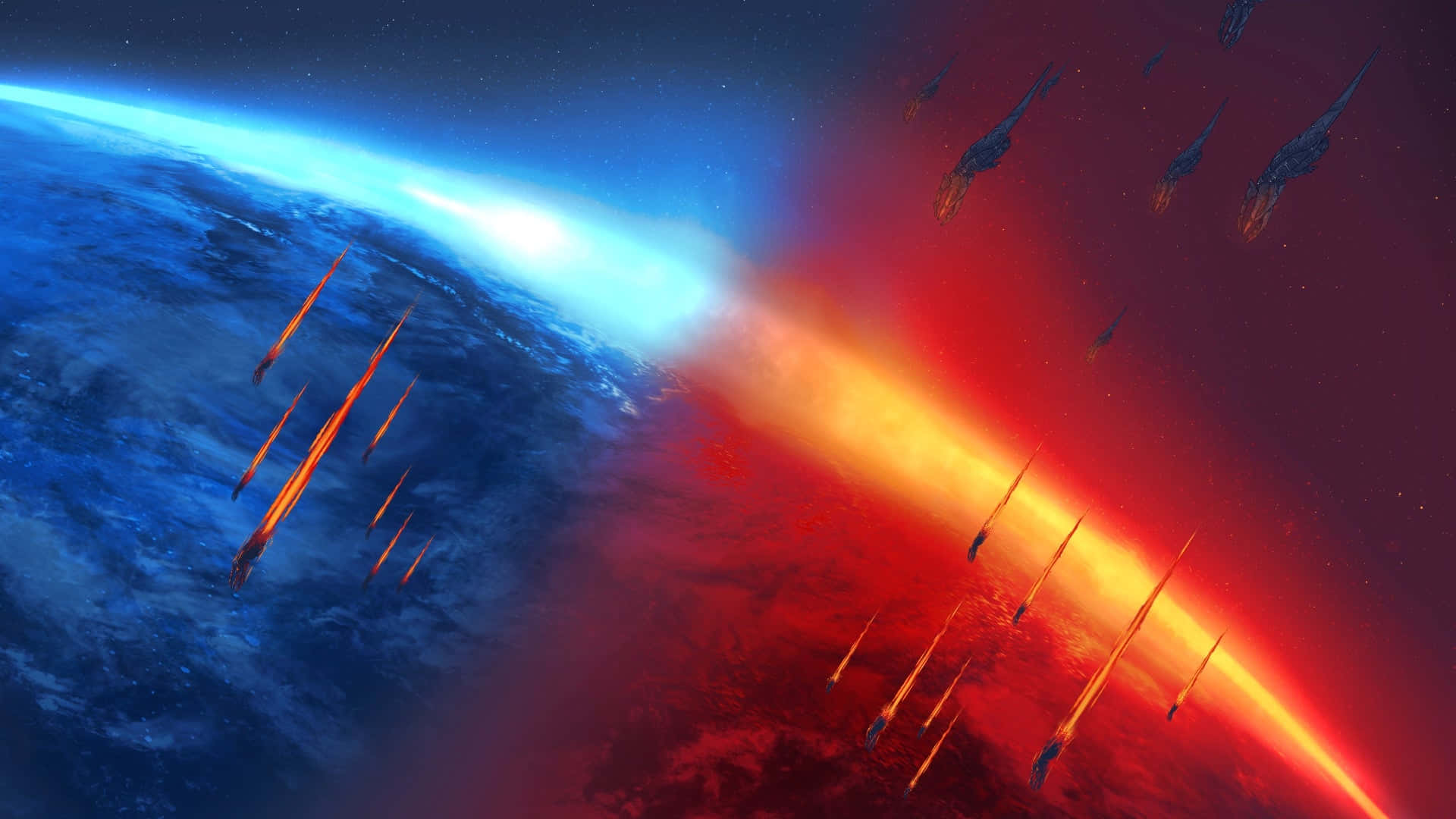 Mass Effect Legendary Edition 桌布 壁紙 — 一場戲劇性的太空戰役展開，發光的橙色導彈劃過一顆行星充滿活力的藍色和紅色大氣層。