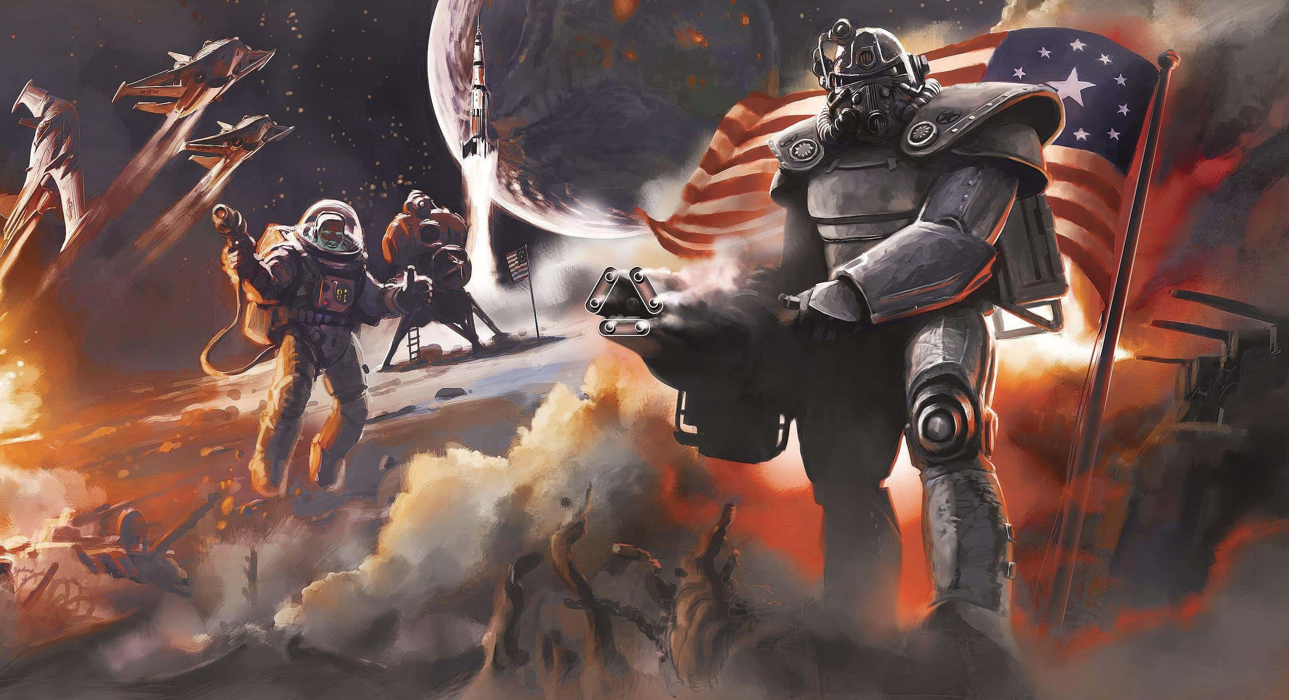 Fallout Brotherhood Of Steel 桌布 壁紙 — 一場戲劇性的太空戰鬥展開，裝甲士兵和太空人在熾熱的爆炸和背景中的巨大行星之間戰鬥。