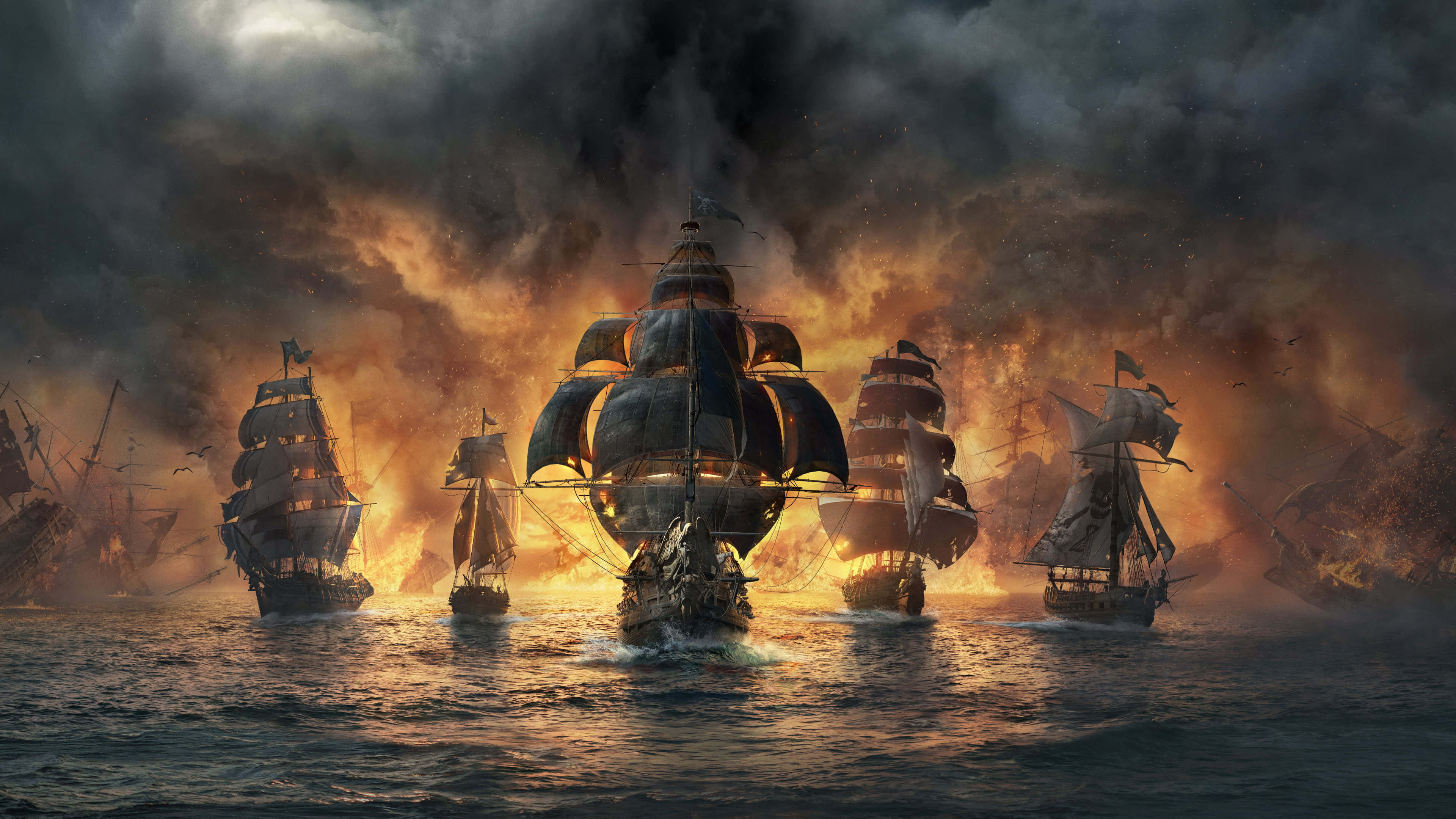 Pirate Ship 桌布 壁紙 — 一場戲劇性的海戰展開，船隻在火橙色和黑色的暴風雨天空下，在波濤洶湧的海面上交戰。