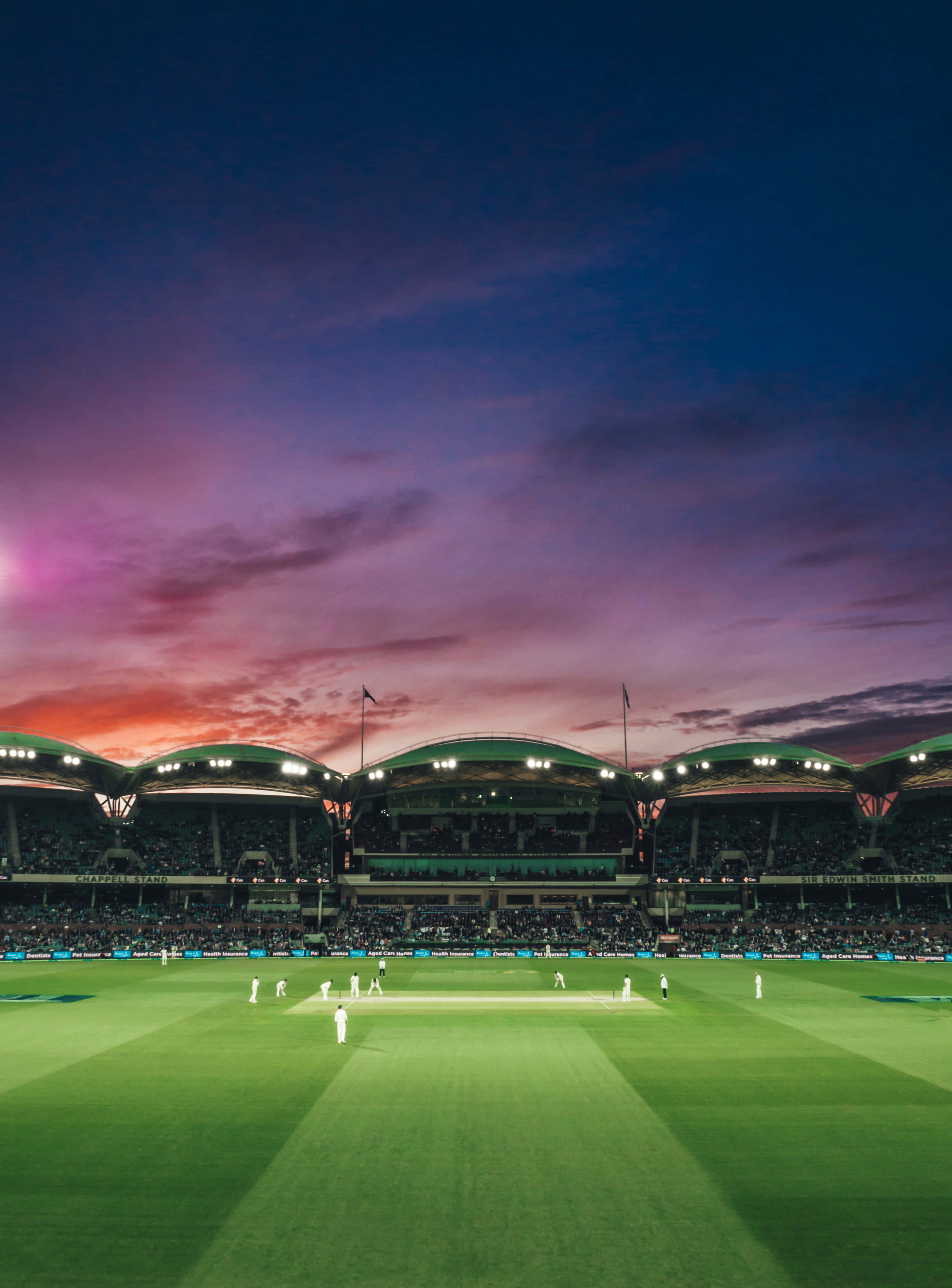 Cricket Ground 桌布 壁紙 — 一場板球比賽在充滿活力的暮色天空下展開，紫色和橙色的雲彩籠罩著座無虛席的體育場。