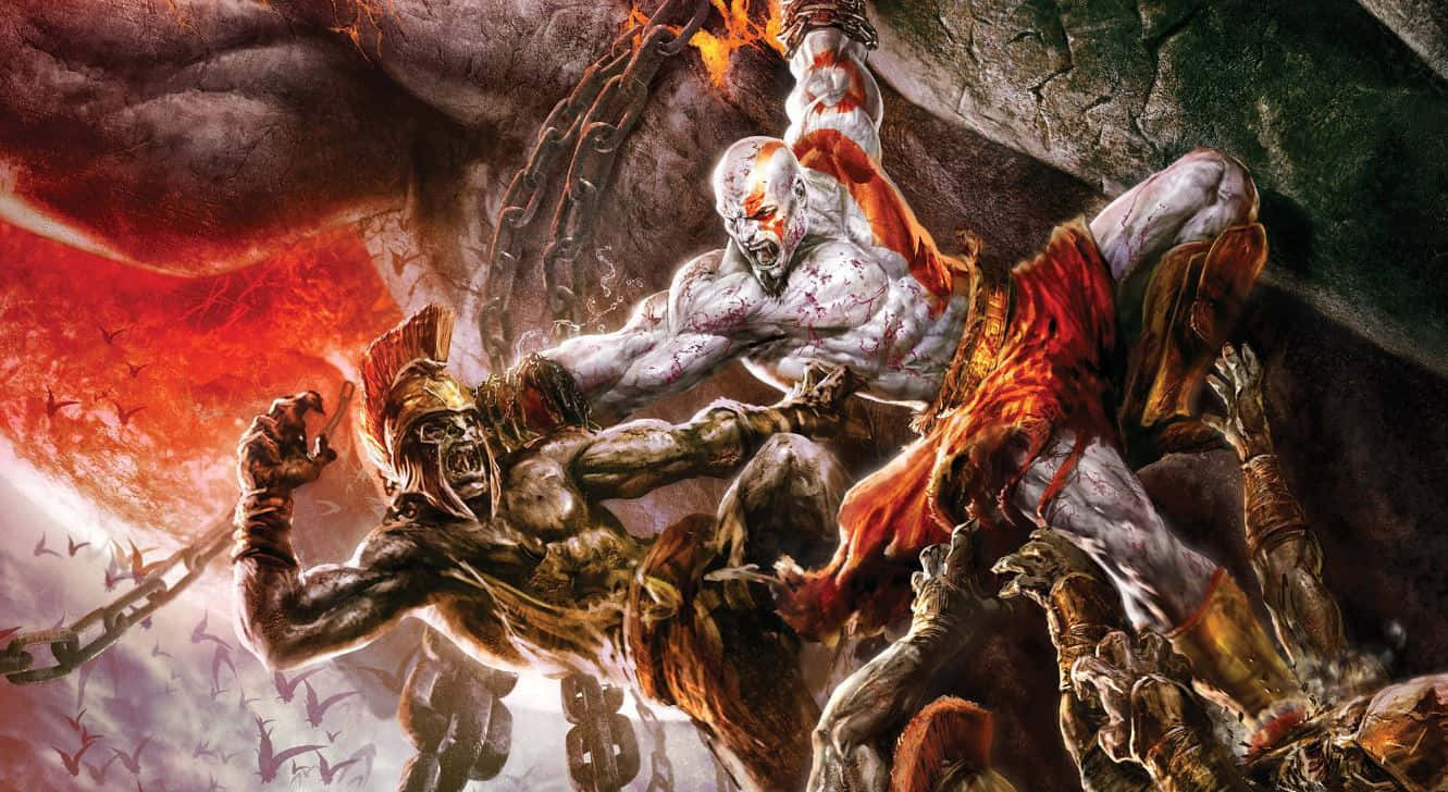 God Of War 桌布 壁紙 — 一場殘酷的奇幻戰鬥爆發，一名揮舞鎖鏈的戰士在火紅與黑暗的石頭背景下粉碎惡魔敵人。
