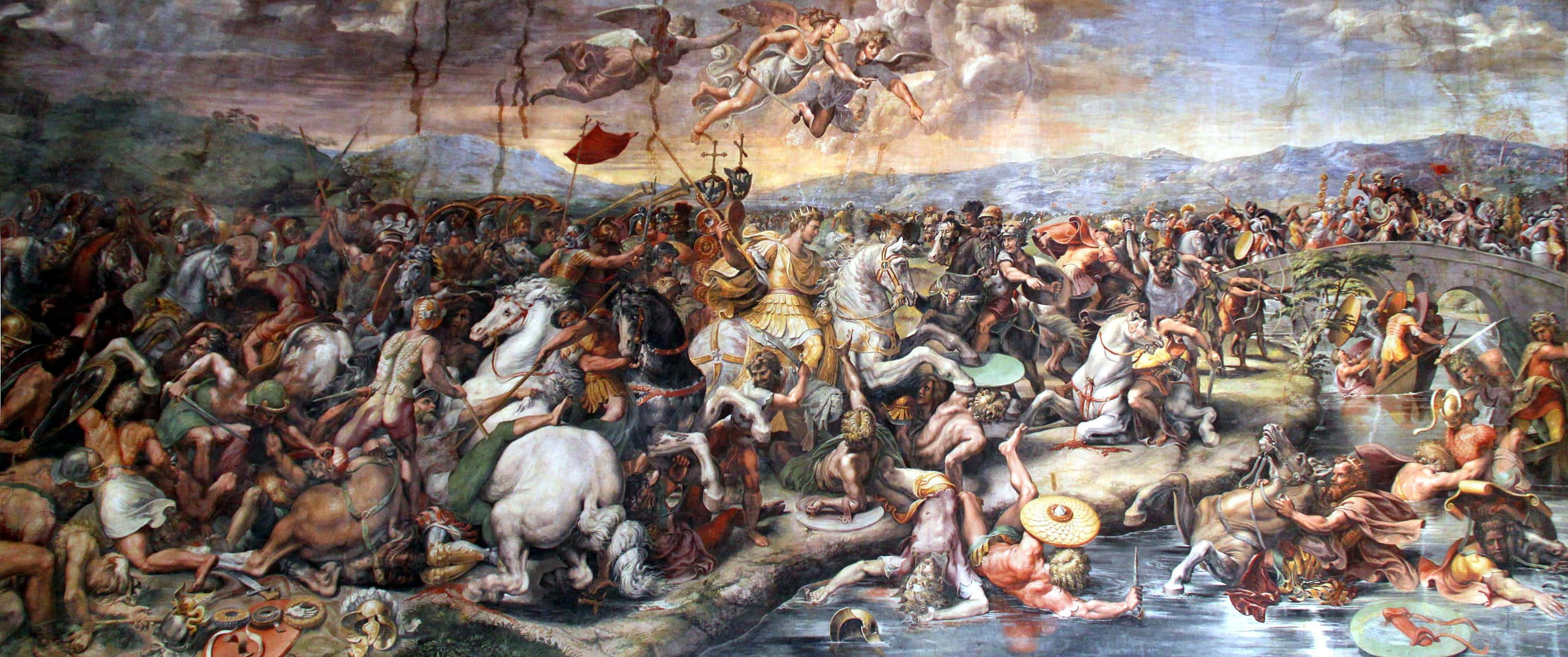 Renaissance 桌布 壁紙 — 一場混亂的戰鬥場景，騎兵和步兵在橋附近交戰，天空多雲，天使在上方。
