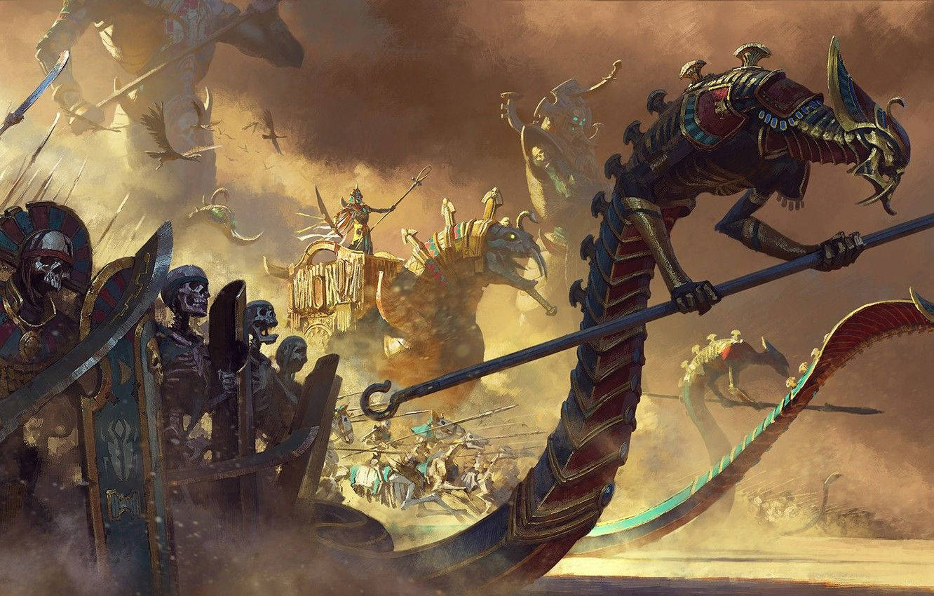 骷髏 桌布 壁紙 — 一場混亂的戰鬥場景，骷髏戰士在華麗的戰艦上與怪物般的龍形生物在塵土飛揚、末日般的天空中交戰。