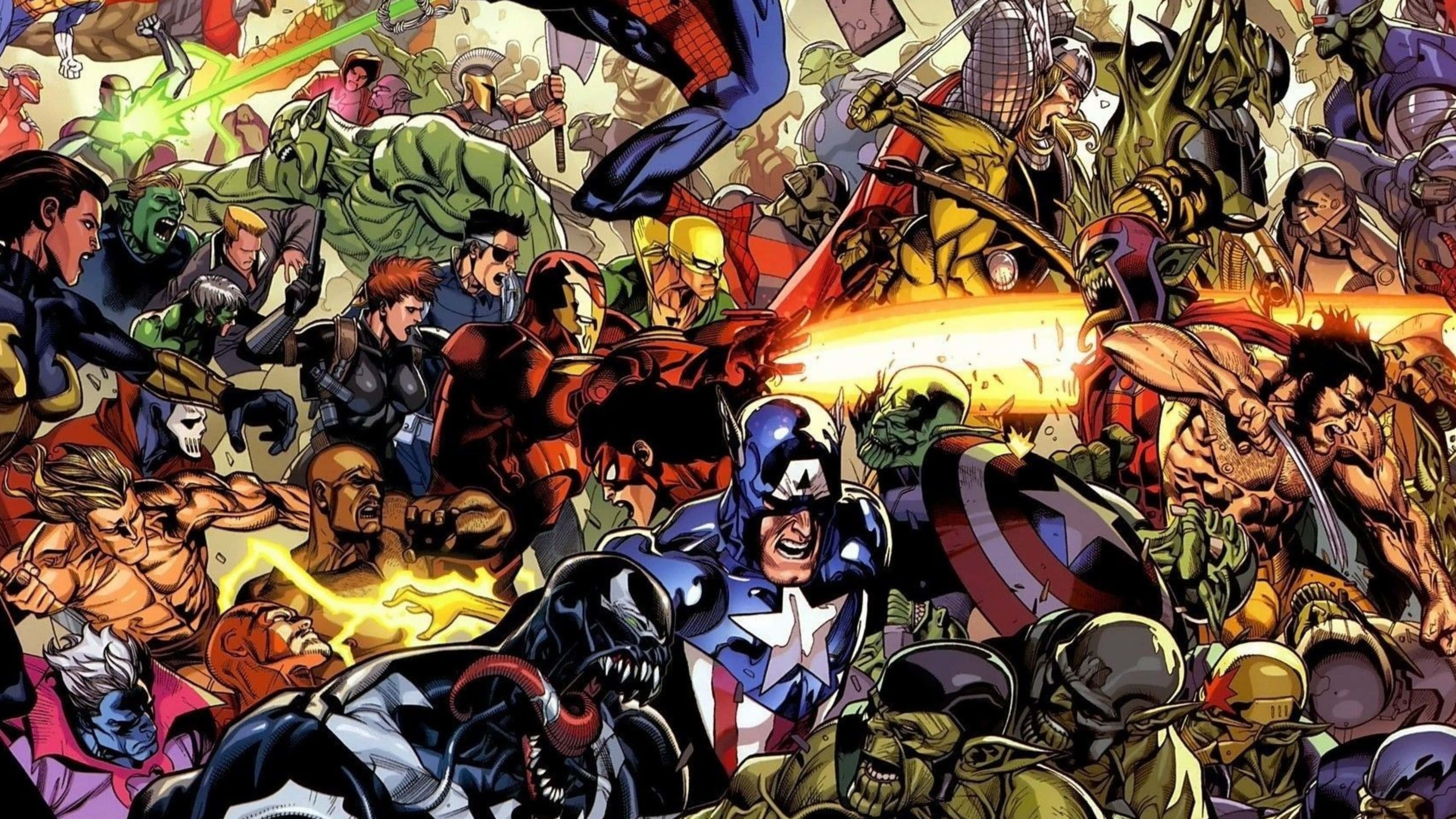 4K Marvel 壁紙 桌布 壁紙 — 一場混亂的漫畫戰鬥場景，美國隊長、鋼鐵人和浩克等超級英雄和反派在充滿活力的動作中交鋒。