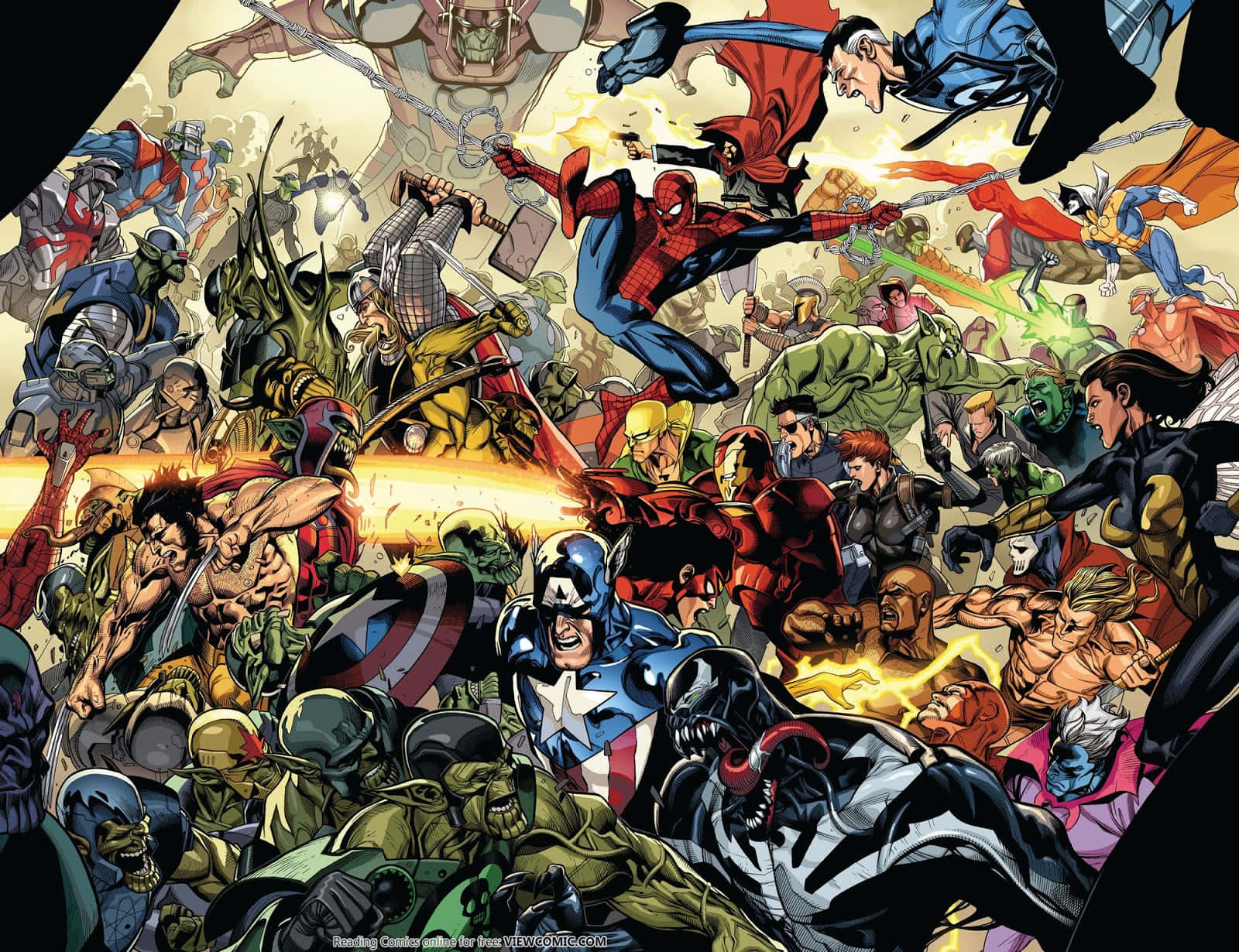 Secret Invasion 桌布 壁紙 — 一場混亂的漫畫戰鬥場景，蜘蛛俠、美國隊長和毒液等超級英雄與反派在動態的動作爆炸中碰撞。