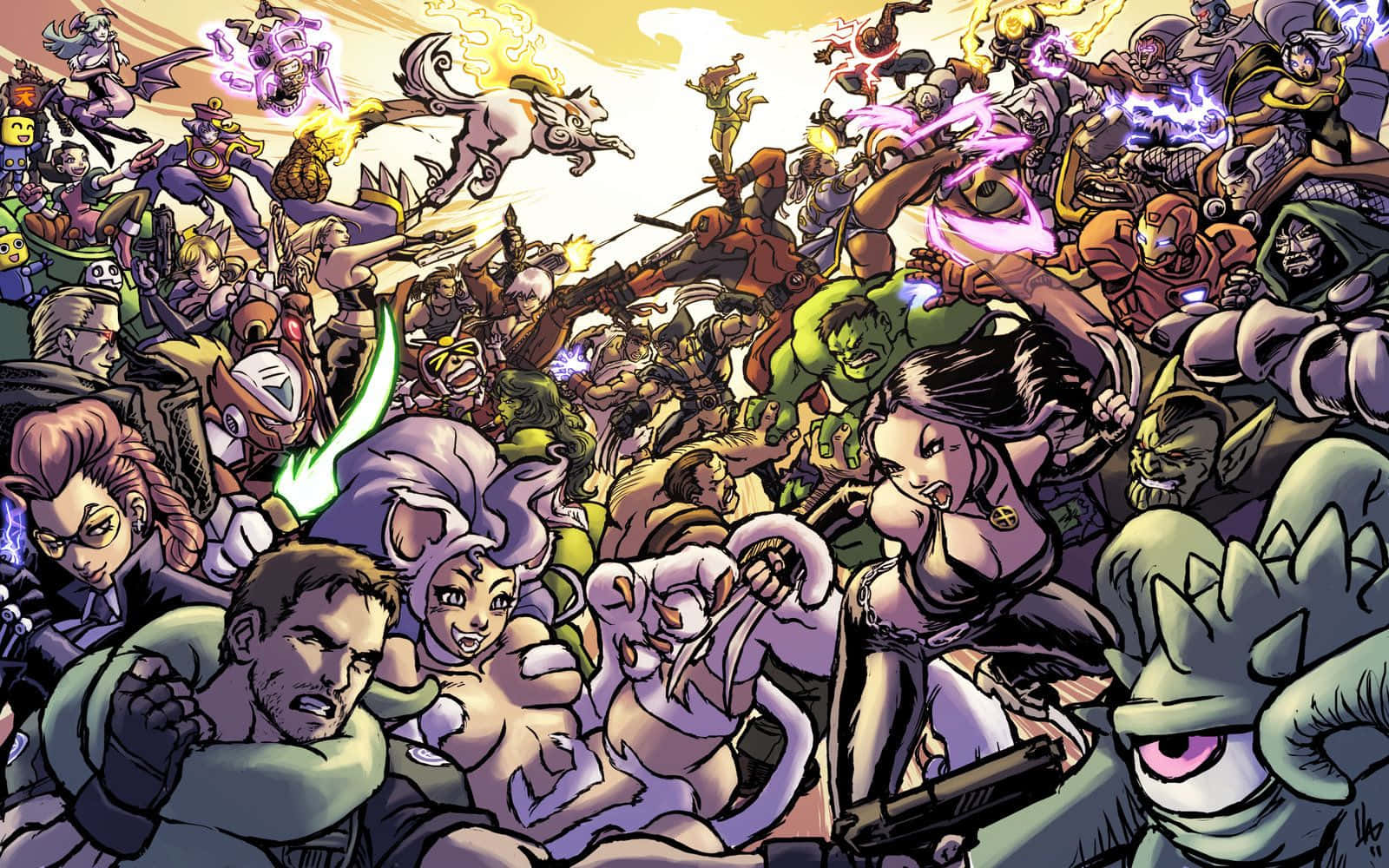 Marvel Vs Capcom 桌布 壁紙 — 一場混亂的漫畫書打鬥， featuring 超級英雄和反派以動態動作姿勢呈現，並帶有發光能量效果。