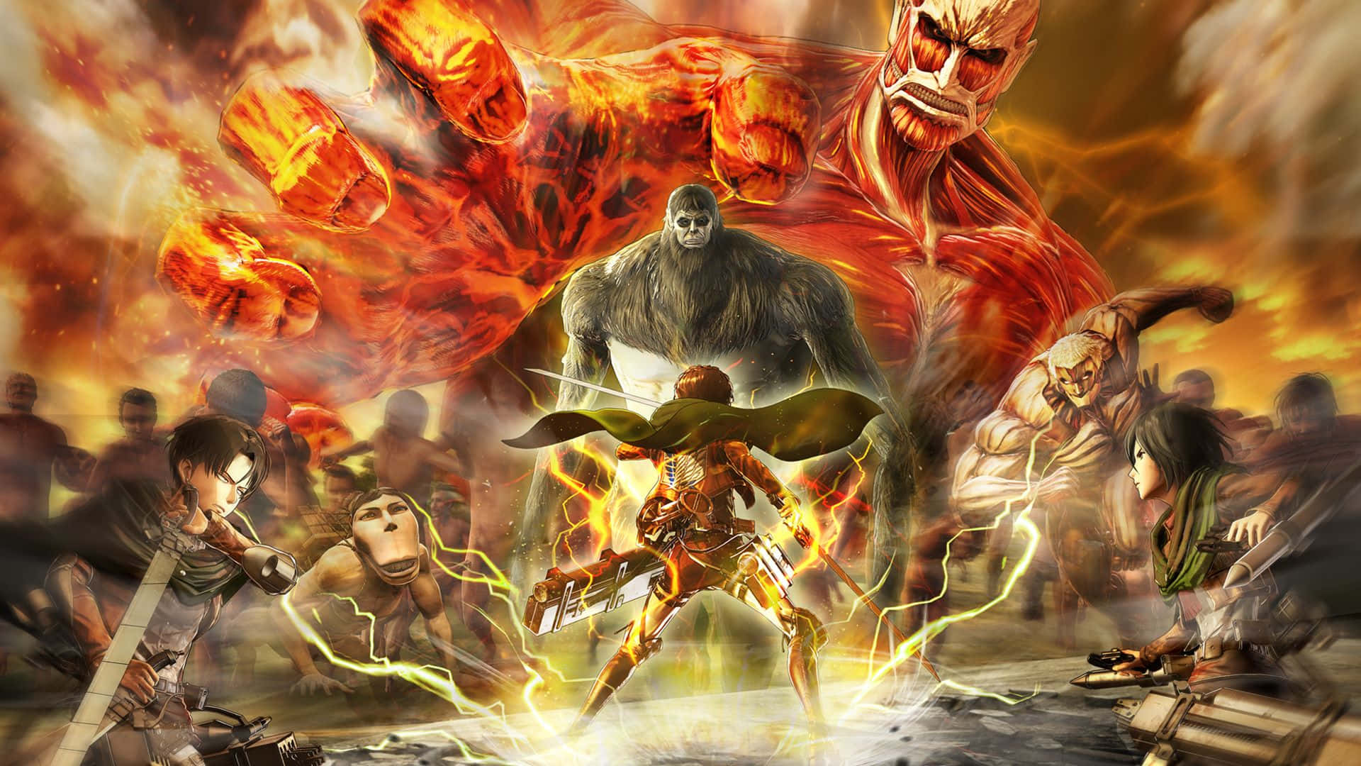 Aot 2 Final Battle 桌布 壁紙 — 一場火熱的動漫戰鬥場景，巨大的巨人與裝甲戰士在爆炸性的橙色和紅色混亂中碰撞。