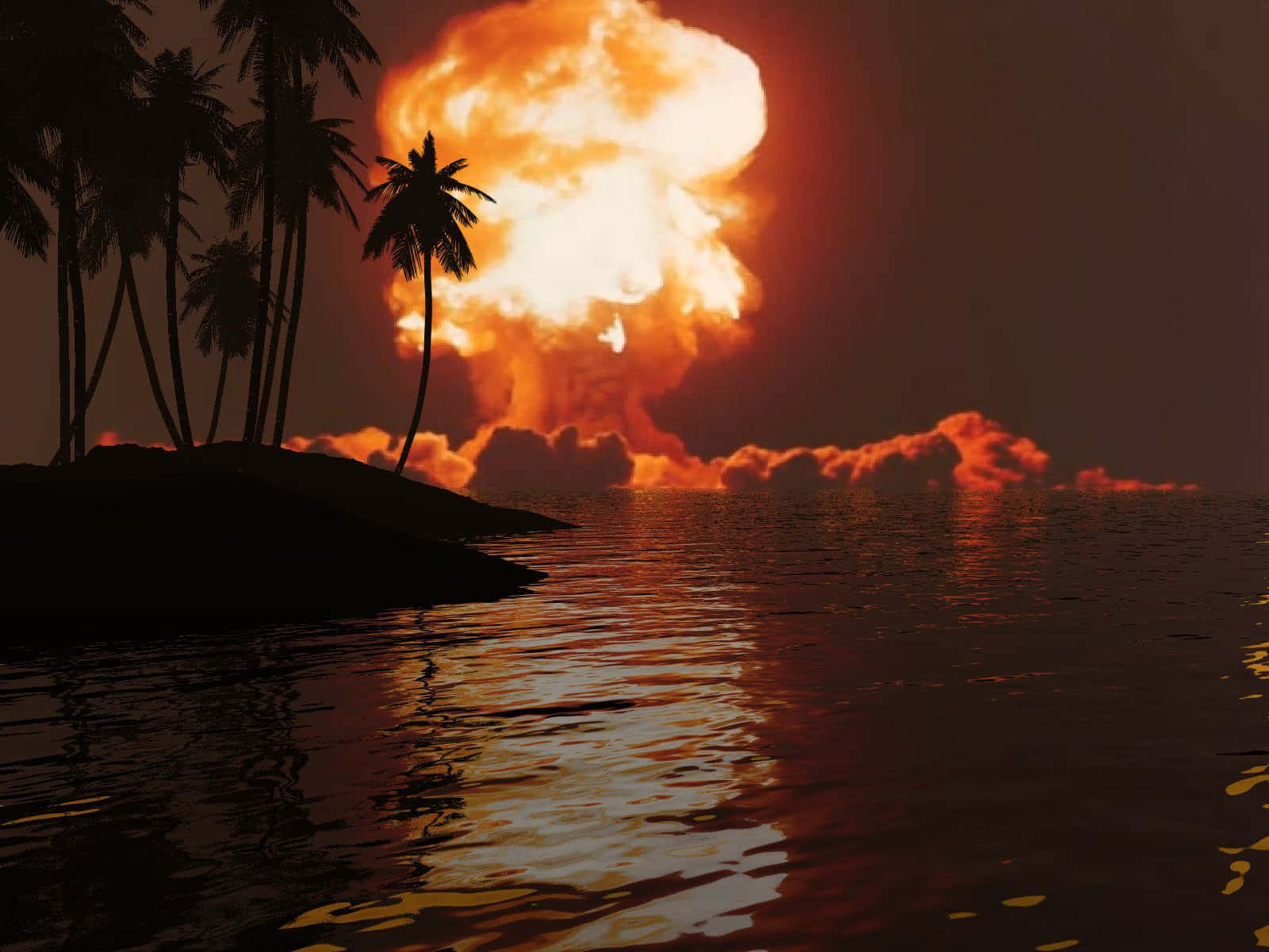 Fallout Nuke 桌布 壁紙 — 一場熾熱的爆炸照亮了黃昏時的熱帶島嶼，棕櫚樹在發光的天空下形成剪影。