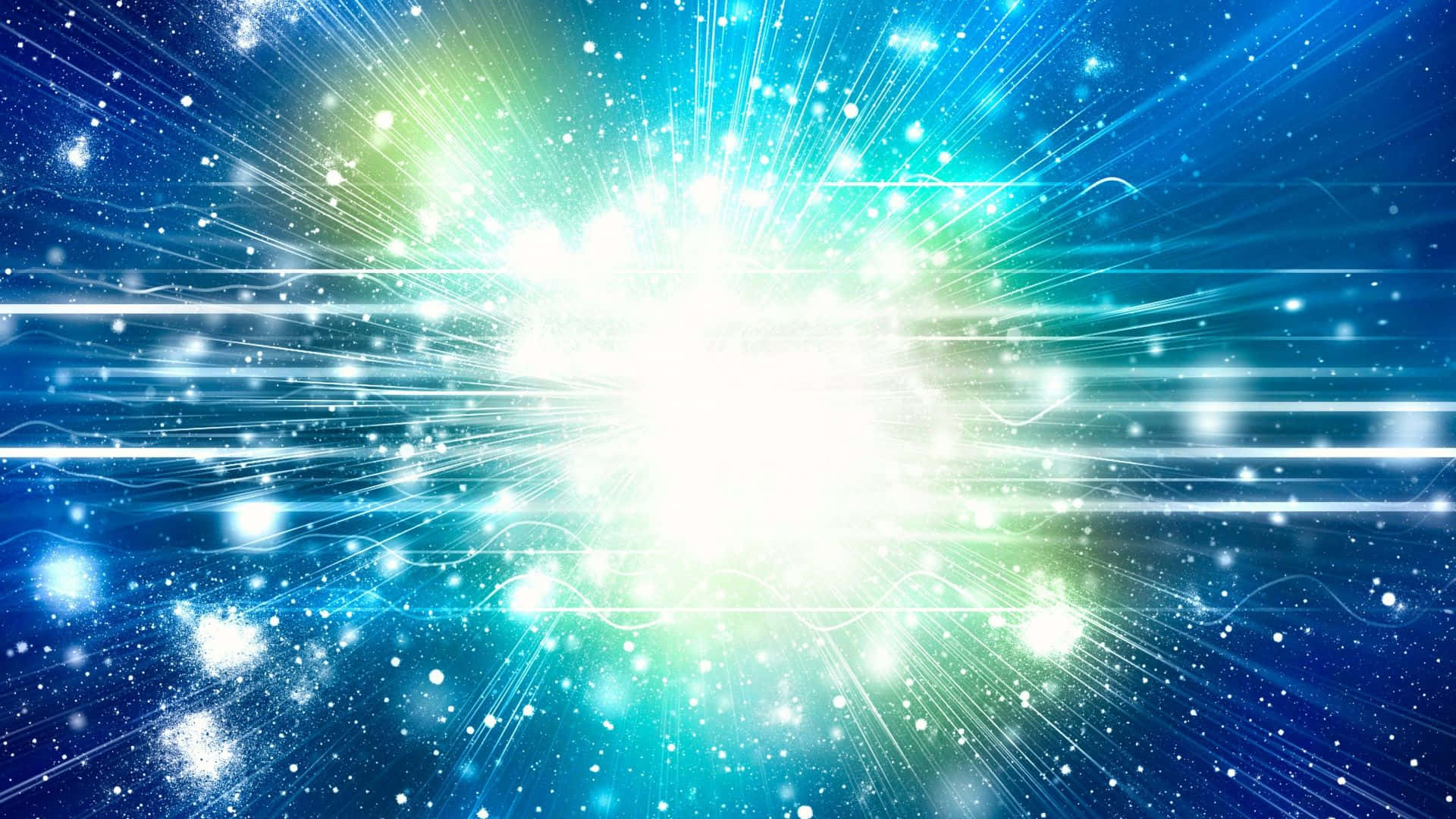 Energy 桌布 壁紙 — 一場燦爛的宇宙爆炸，在繁星點點的深藍色背景上，爆發出明亮的白光和藍綠色的能量條紋。