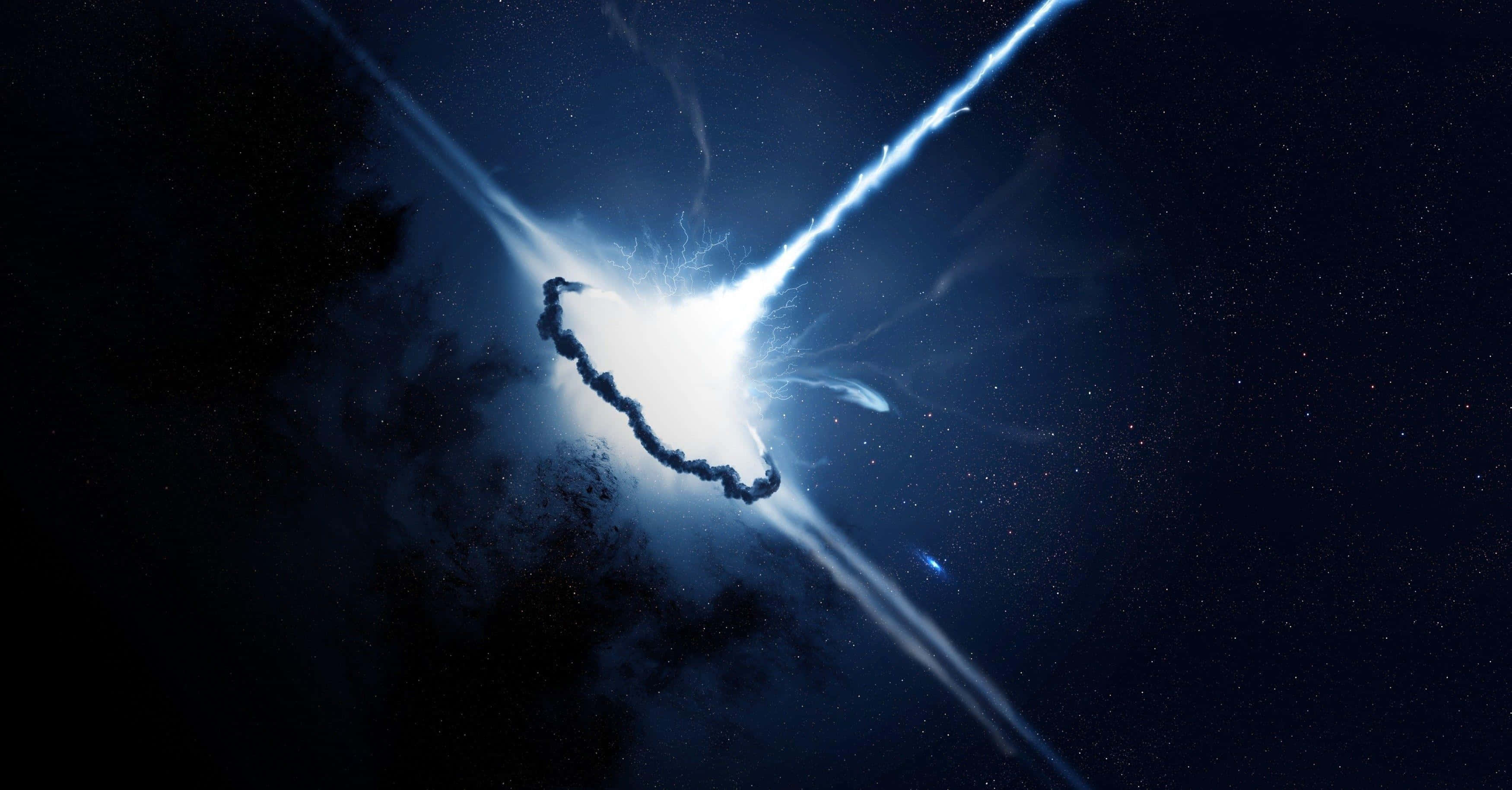 Quasar 桌布 壁紙 — 一場燦爛的宇宙爆炸在黑暗的星空中散發出強烈的藍白色光芒。