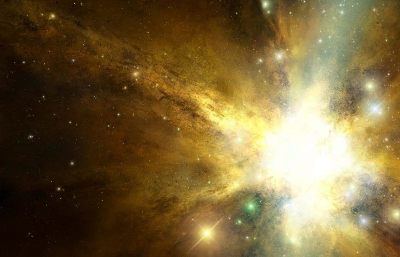 Yellow Galaxy 桌布 壁紙 — 一場燦爛的宇宙爆炸照亮了黑暗虛空中旋轉的金色星雲和散落的星星。