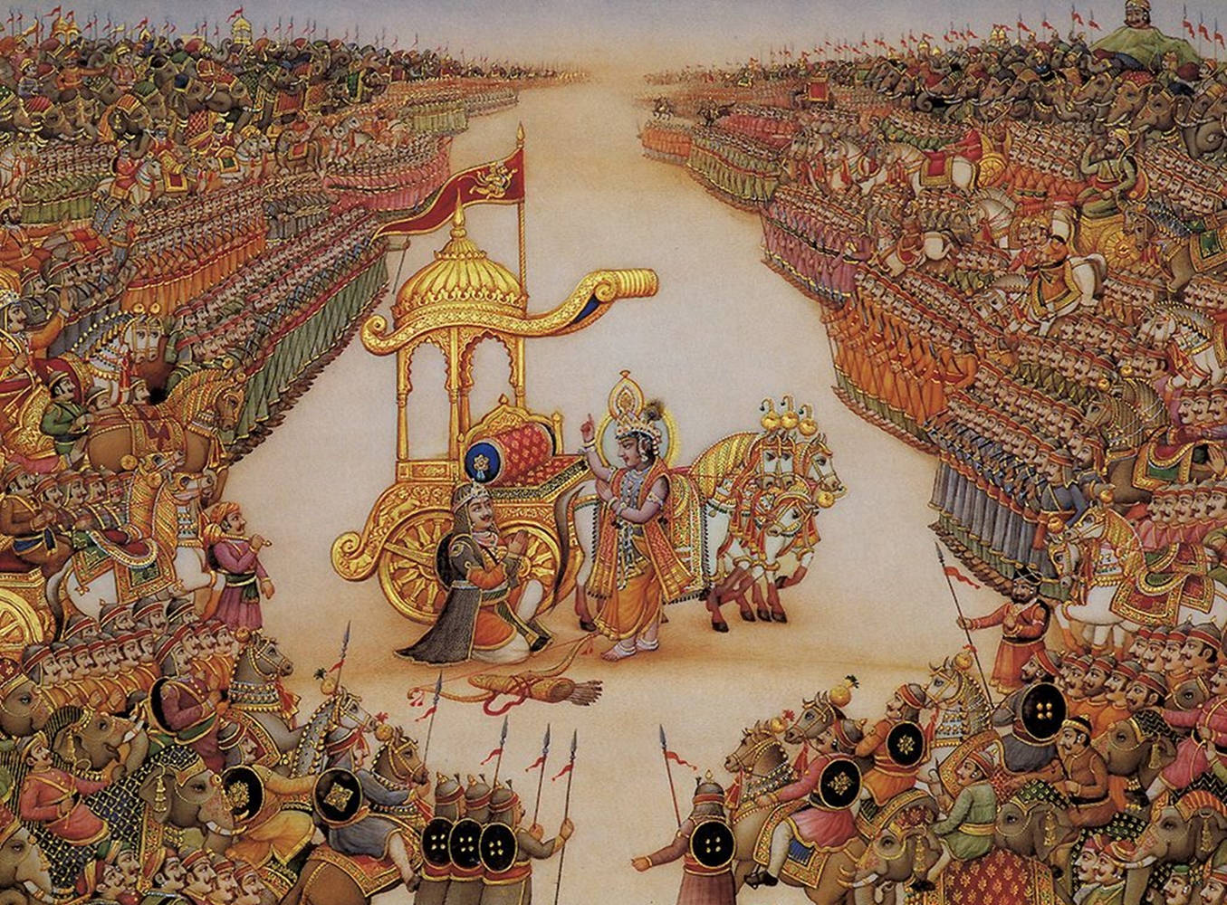 krishna god 桌布 壁紙 — 一場盛大的皇家遊行，金色戰車兩旁是由大象和馬匹組成的軍隊，身著鮮豔的傳統服飾。