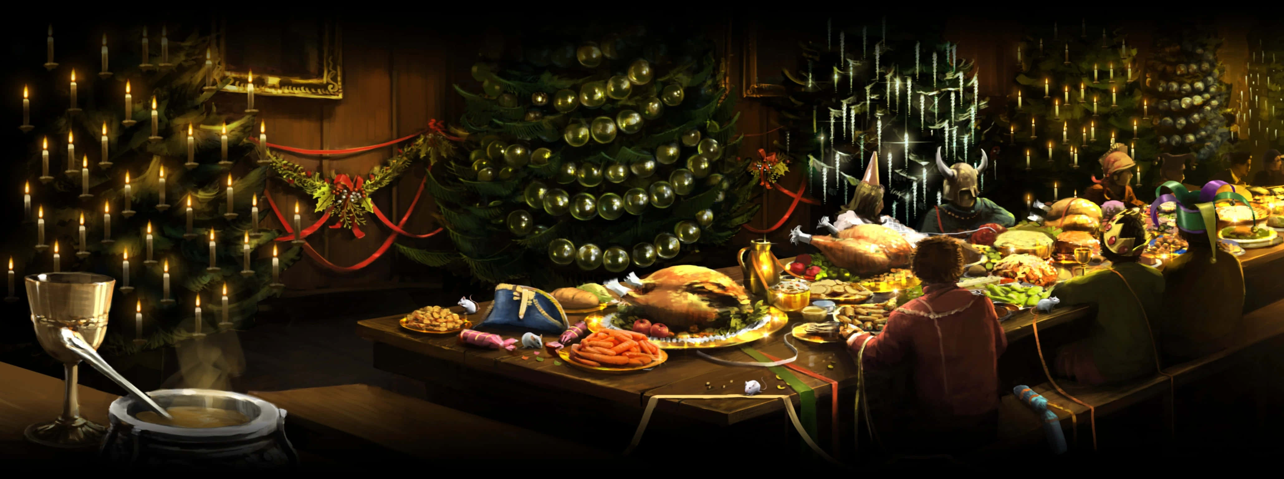 Harry Potter Christmas 桌布 壁紙 — 一場節日維京盛宴，烤肉和閃爍的燭光照亮了裝飾著聖誕樹的木製大廳。