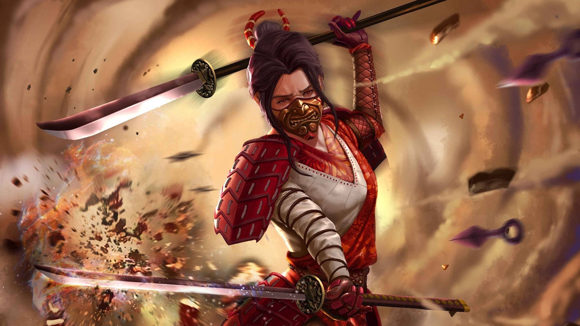身穿紅色盔甲的武士戰士在爆炸性戰鬥中揮舞兩把劍。