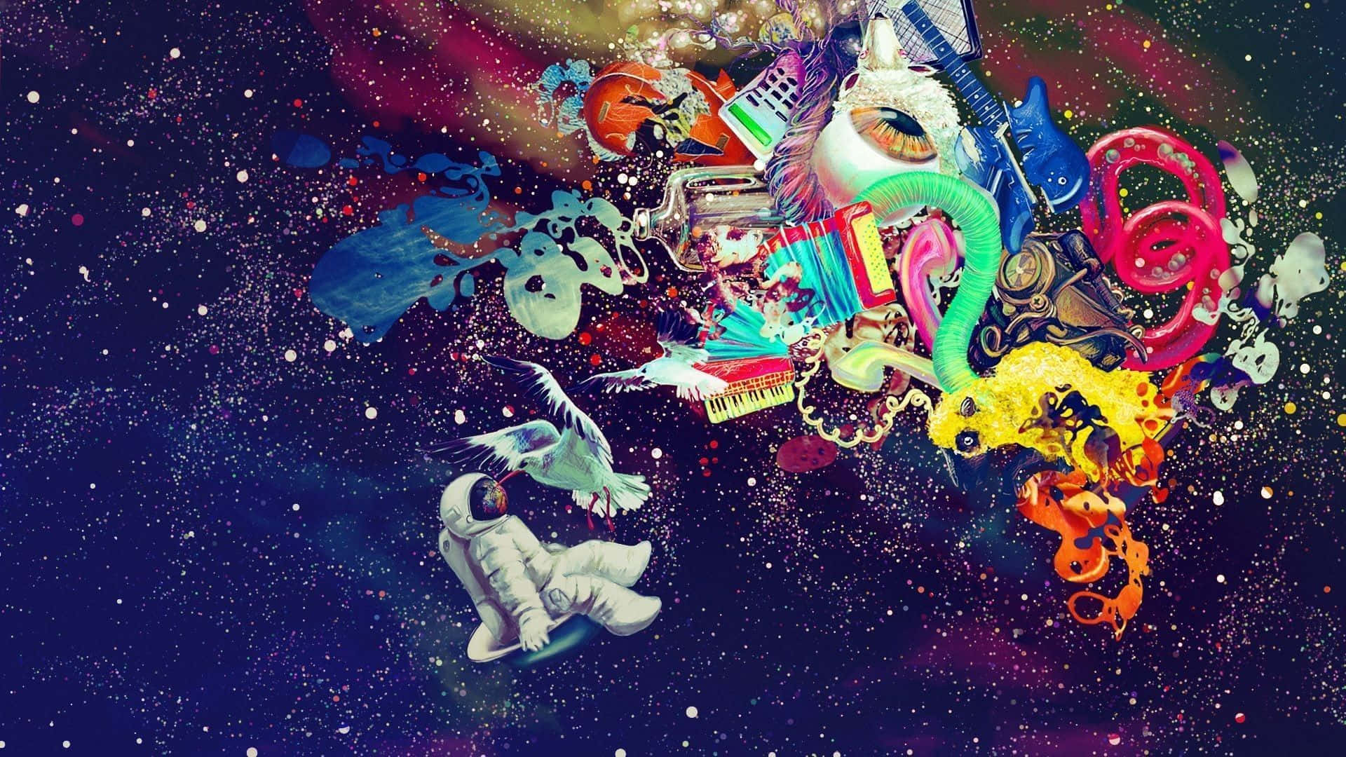 2000s 桌布 壁紙 — 一場超現實的宇宙爆炸，充滿活力的物體如結他、眼睛和樂器漂浮在深空中，附近有一位太空人和一隻海鷗。