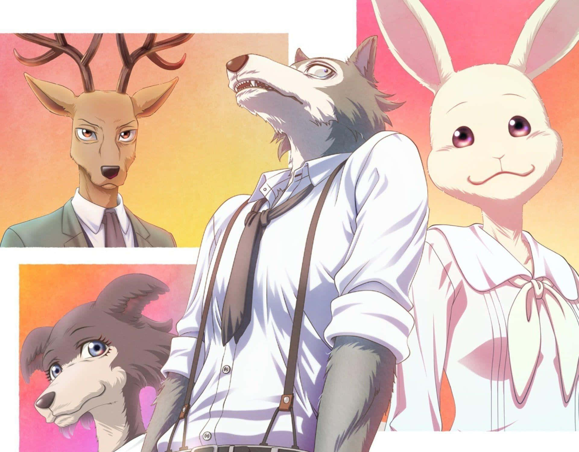 「一場震撼人心的演出」 壁紙 — 四隻擬人化動物穿著正式服裝，在溫暖漸變背景前擺姿勢，呈現風格化的動漫插圖。