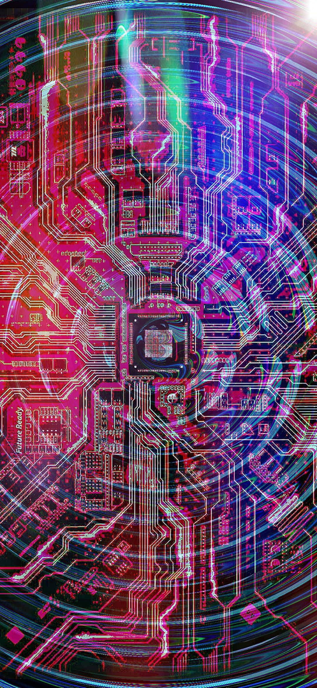 Information Technology 桌布 壁紙 — 一塊充滿活力的霓虹電路板，帶有從中央處理器晶片輻射出的發光粉紅、藍色和綠色線條。