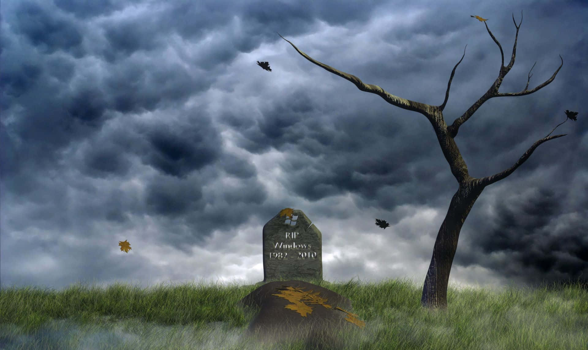 裂開 桌布 壁紙 — 一塊刻有 RIP Windows 1982 2010 的墓碑矗立在草地上，天空風暴密佈，有一棵禿樹和飛翔的烏鴉。