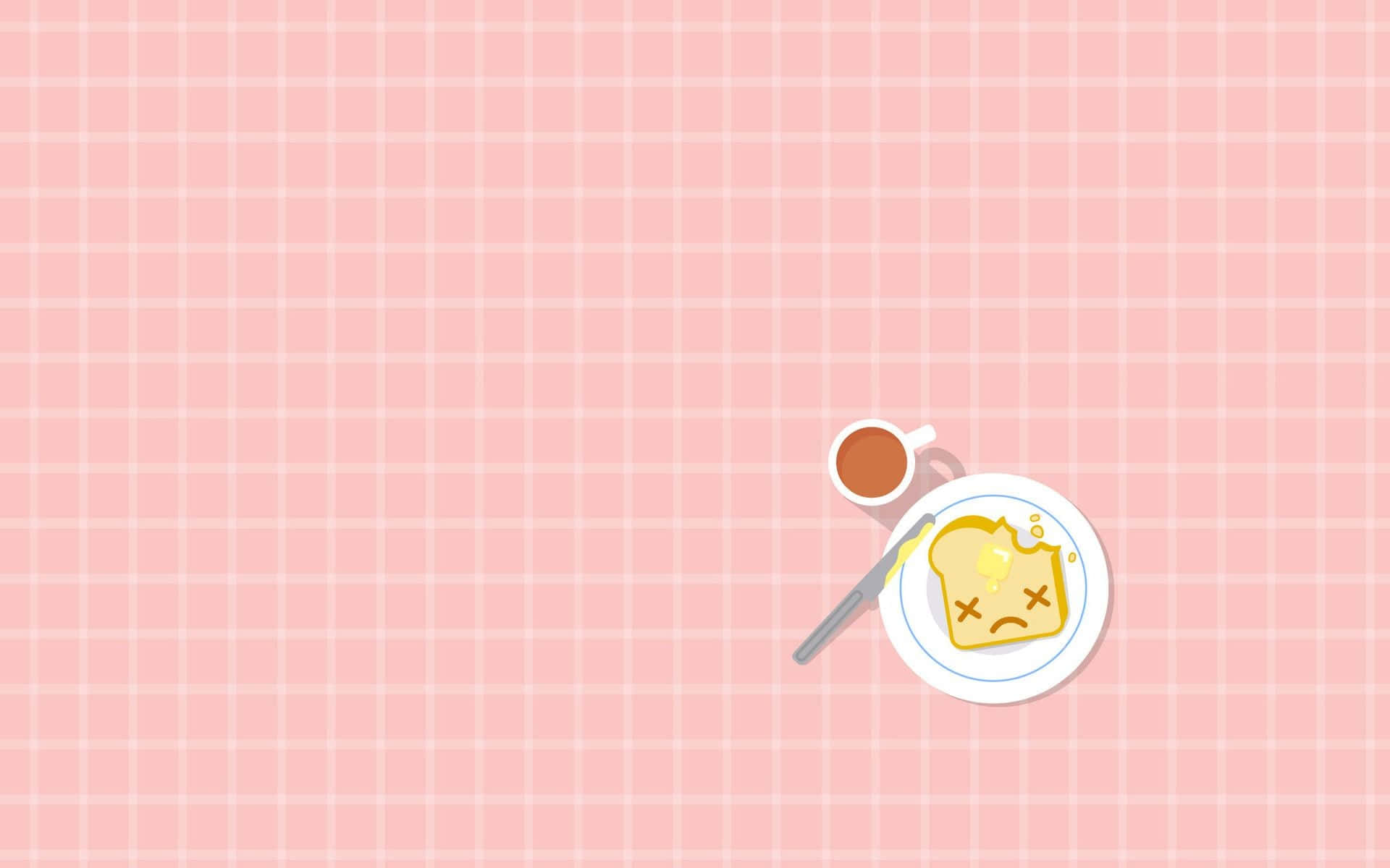 Kawaii Japanese Food 桌布 壁紙 — 一塊可愛的卡通吐司帶著悲傷的表情，坐在粉紅色格子桌布上咖啡杯旁邊的碟子上。