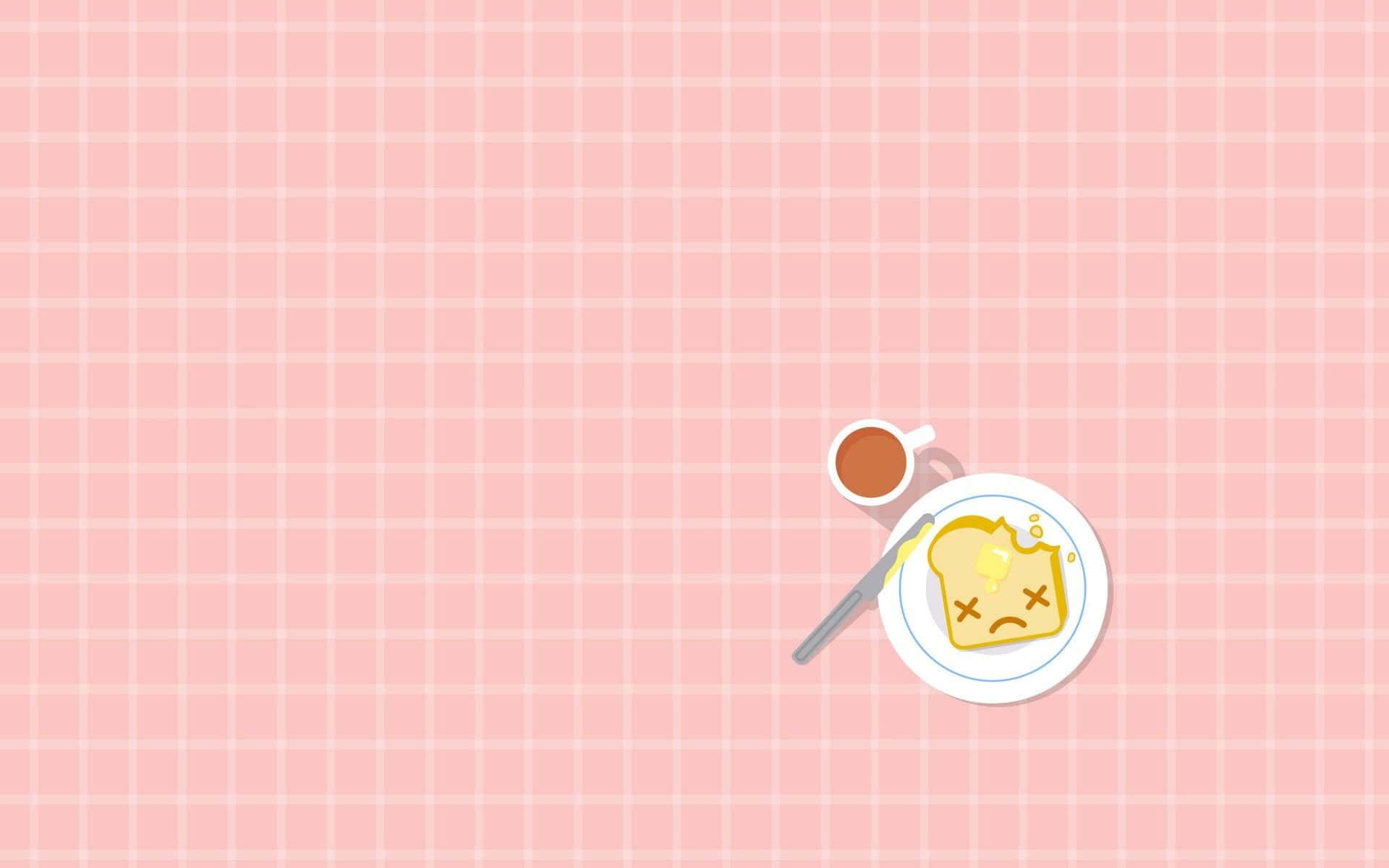 Kawaii Food 桌布 壁紙 — 一塊可愛的卡通吐司帶著悲傷的表情，坐在粉紅色格仔枱布上的碟子裡，旁邊放著一杯咖啡。