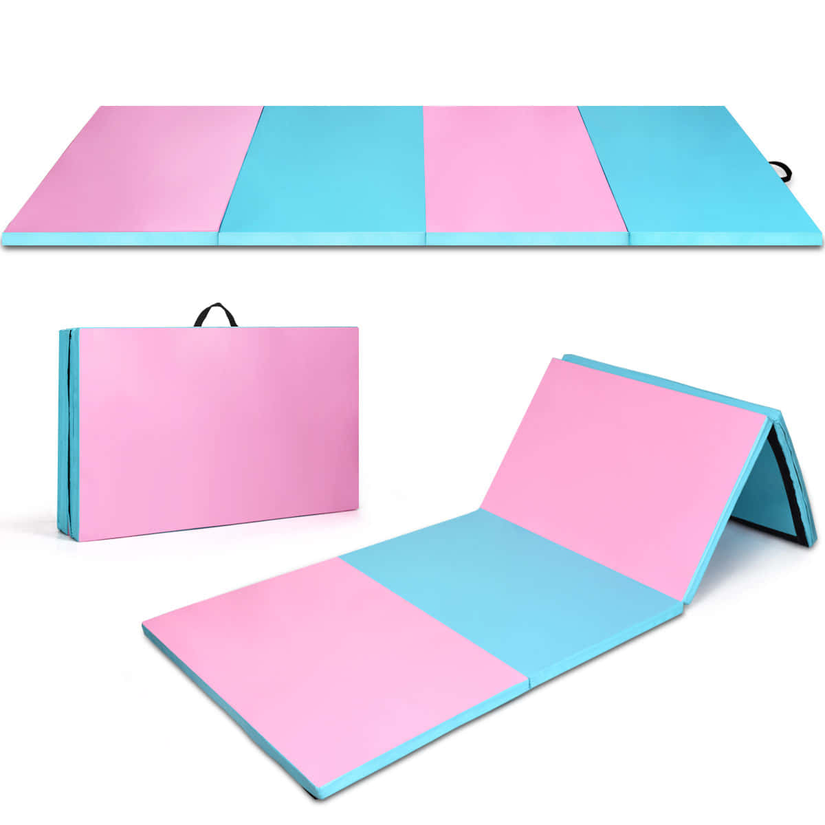 Gymnastics Mat 桌布 壁紙 — 一塊可摺疊的粉紅色和藍色運動墊，在白色背景上展示完全展開、緊湊摺疊和部分展開的狀態。